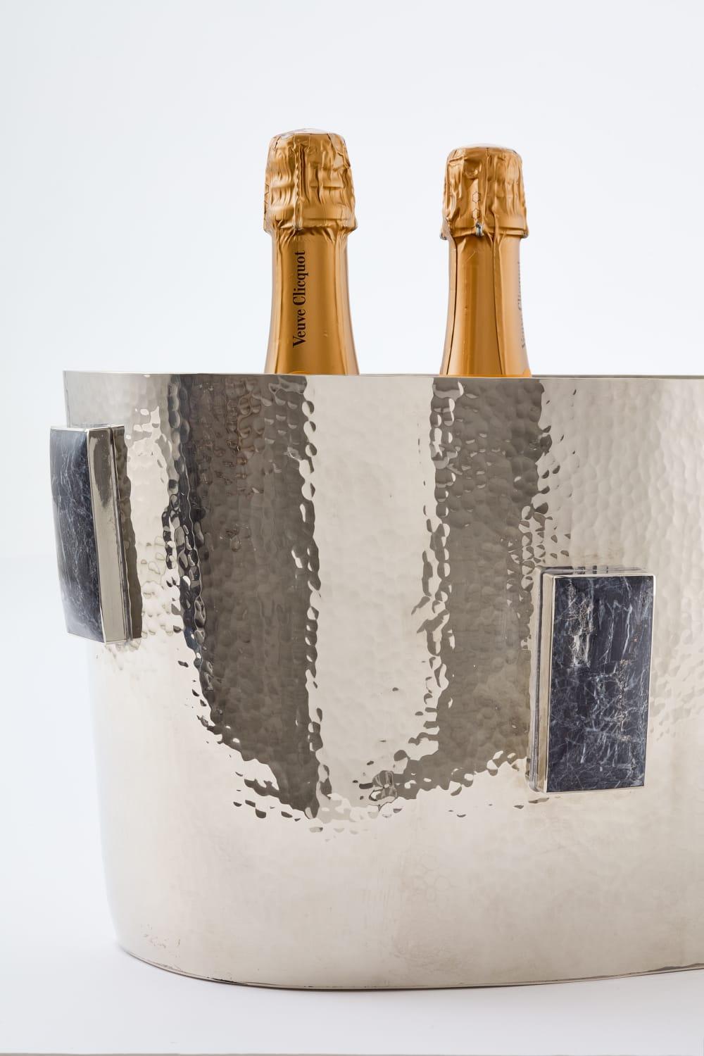 Hand-Carved SET Large Glaciar Silver Alpaca & Black Onyx Stone Bar Tray &  Champagne Bucket For Sale