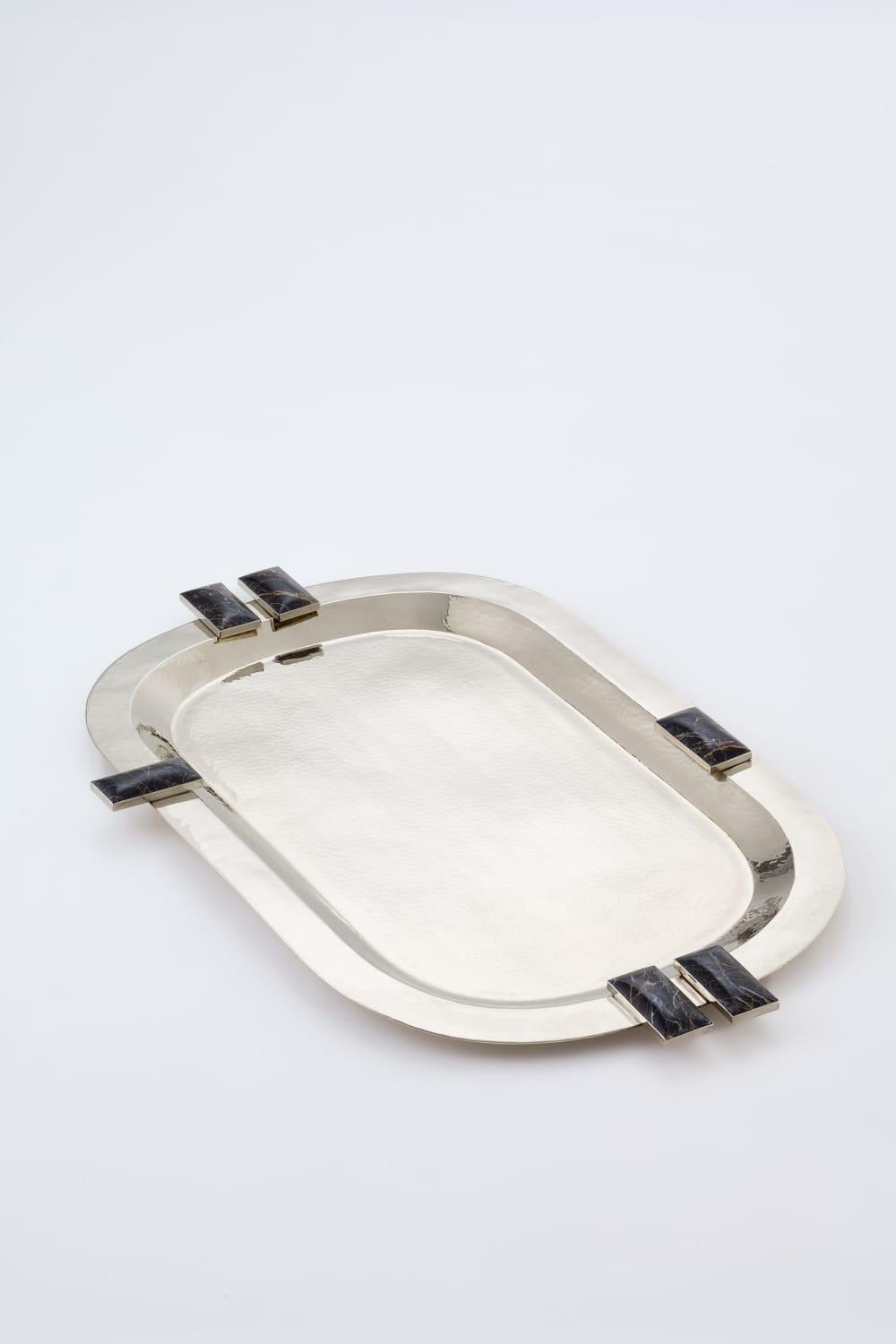SET Large Glaciar Silver Alpaca & Black Onyx Stone Bar Tray &  Champagne Bucket In New Condition For Sale In Buenos Aires, AR