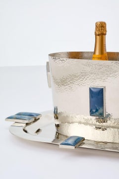 SET Großes Glaciar Silber Alpaka & Blauer Onyx Stone Bar Tablett &  Champagner-Eimer