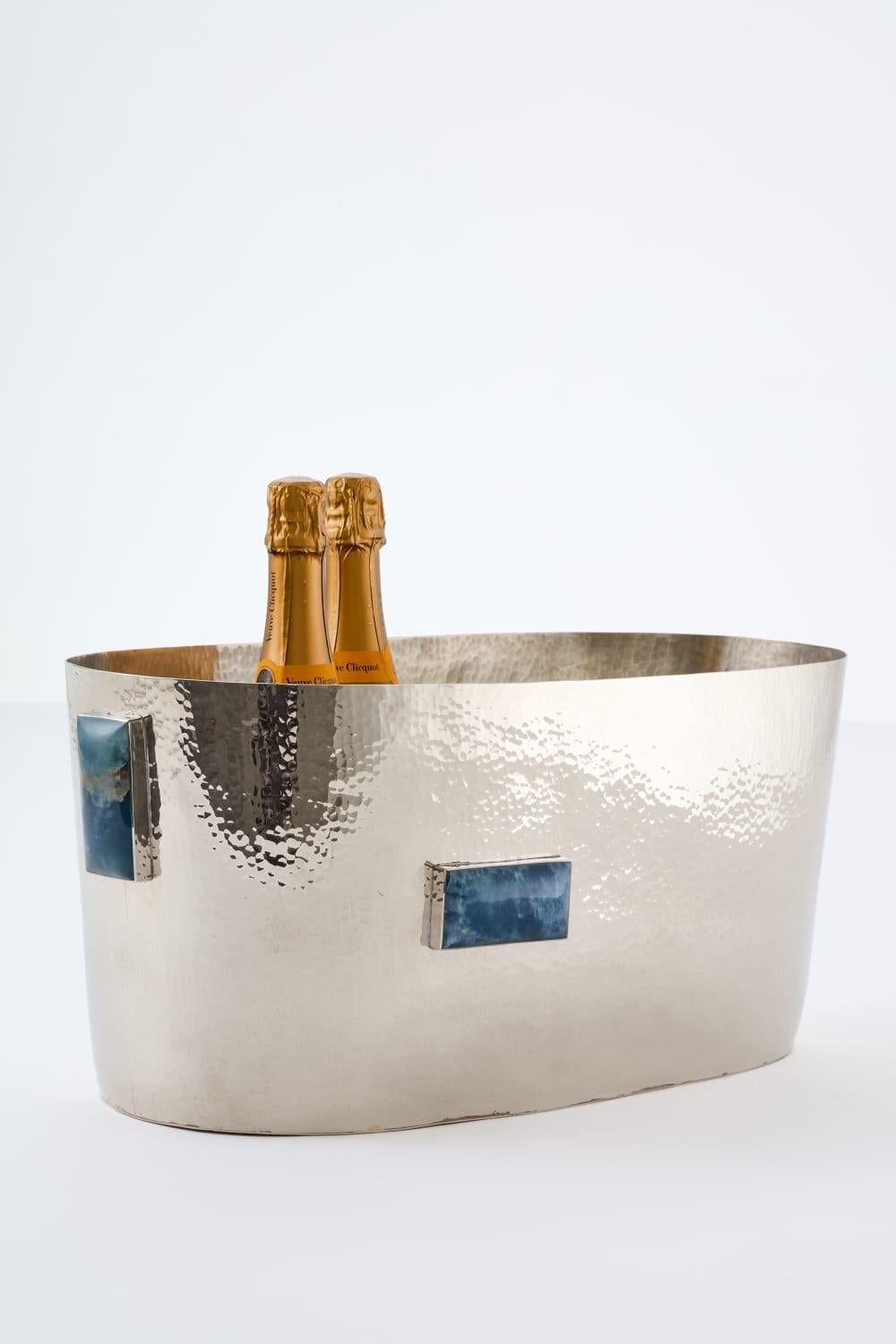 South American SET Large Glaciar Silver Alpaca & Blue Onyx Stone Bar Tray &  Champagne Bucket For Sale