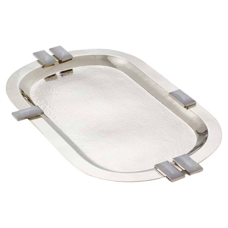 Modern SET Large Glaciar Silver Alpaca & Cream Onyx Stone  Bar Tray &  Champagne Bucket For Sale