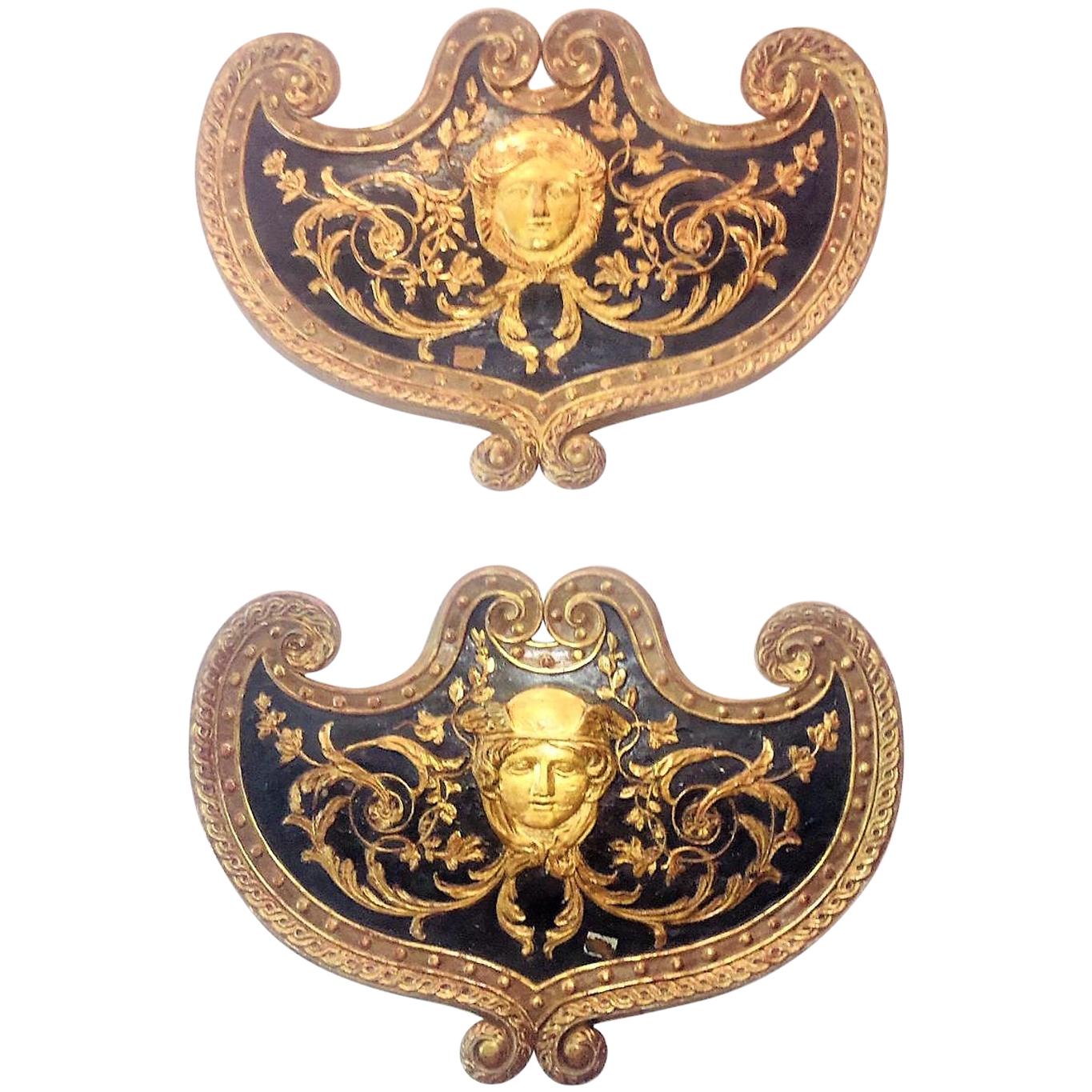 Set Large Paint and Giltwood Shield Form Overdoor Appliques with Classical Faces