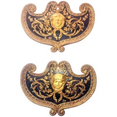 Set Large Paint and Giltwood Shield Form Overdoor Appliques with Classical Faces