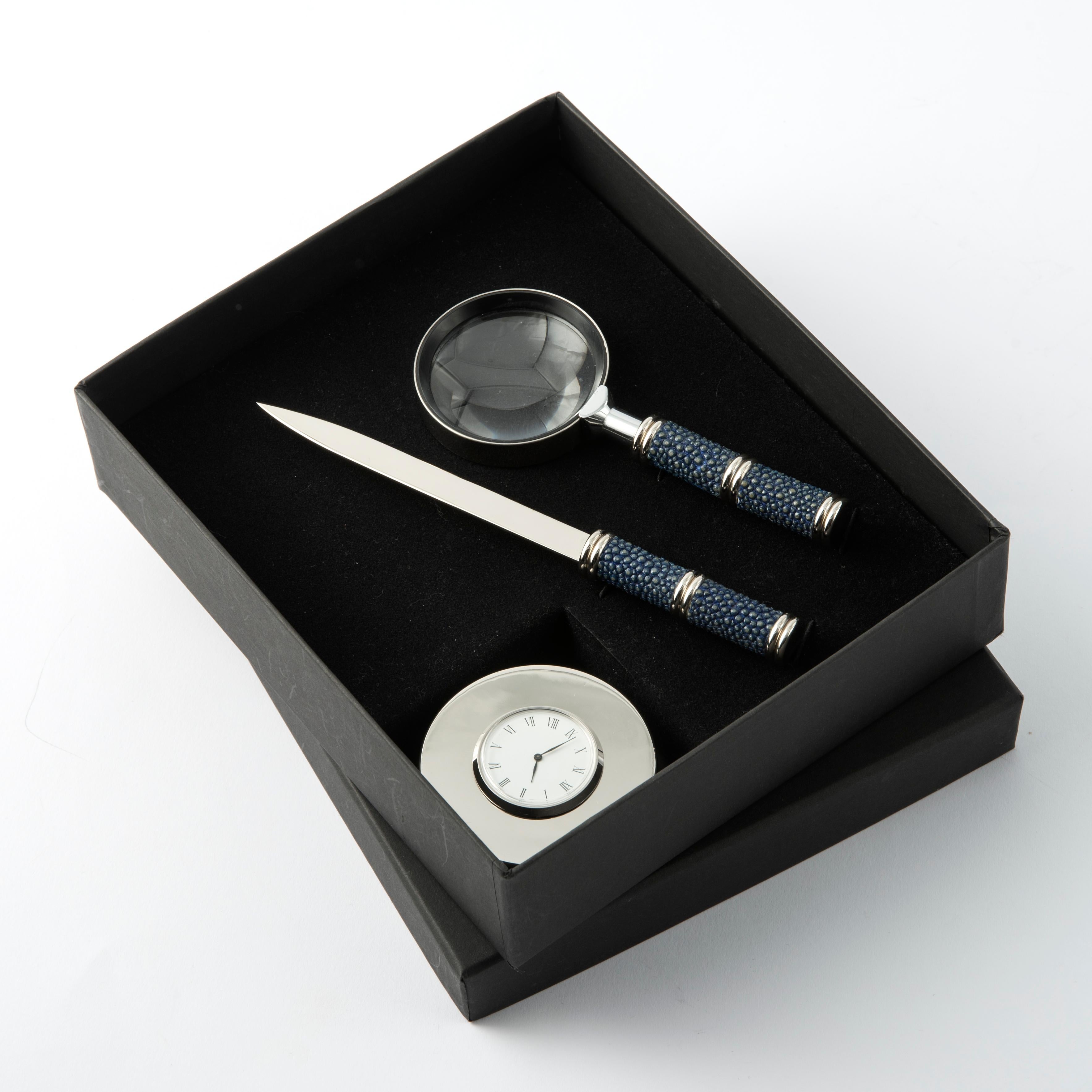 Contemporary Blue Shagreen Leather Desk Set - Galucharme Collection For Sale