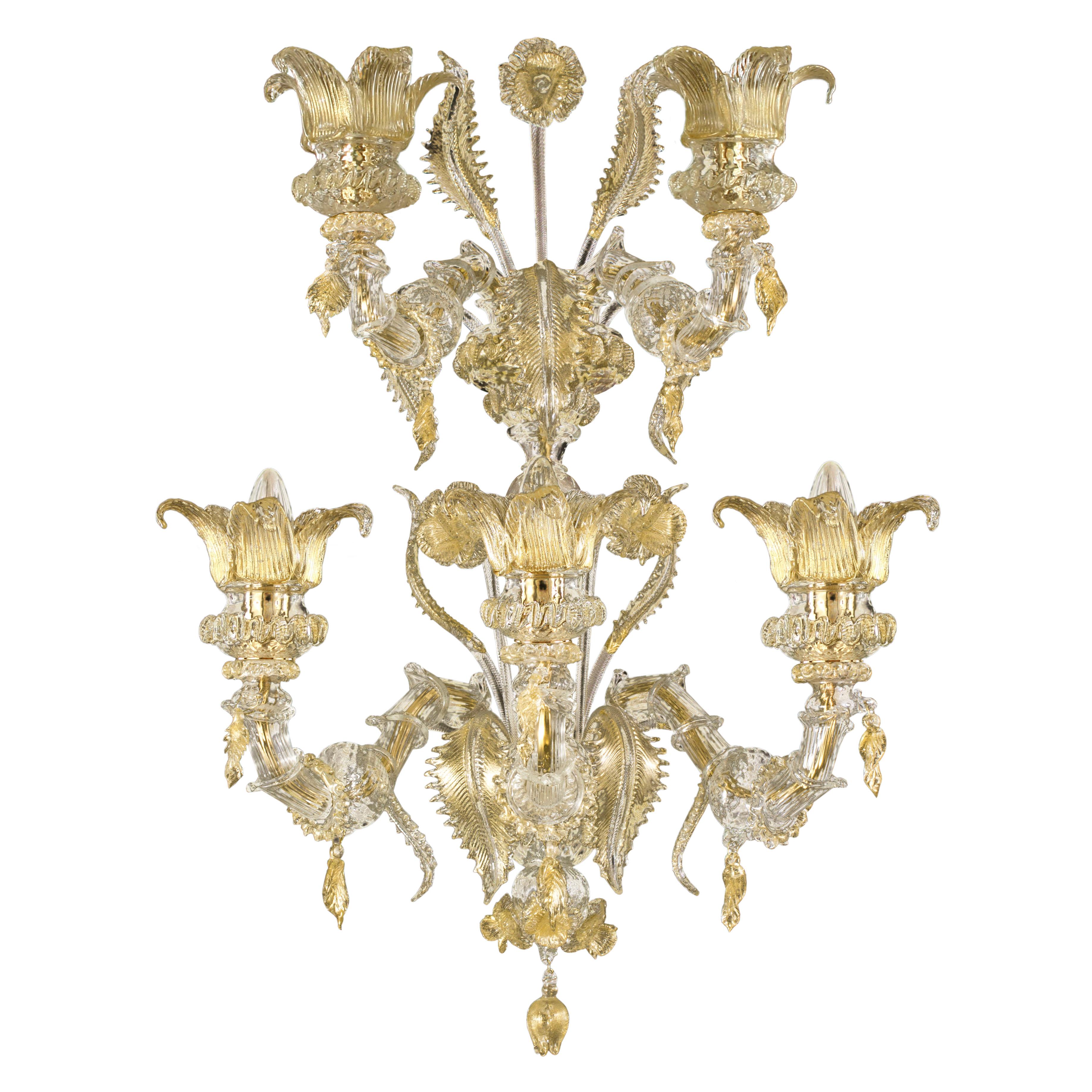 Autre Ensemble de luxe lustre à 12 bras et 4 appliques lustre à 5 bras Rezzonico transparent et or en vente