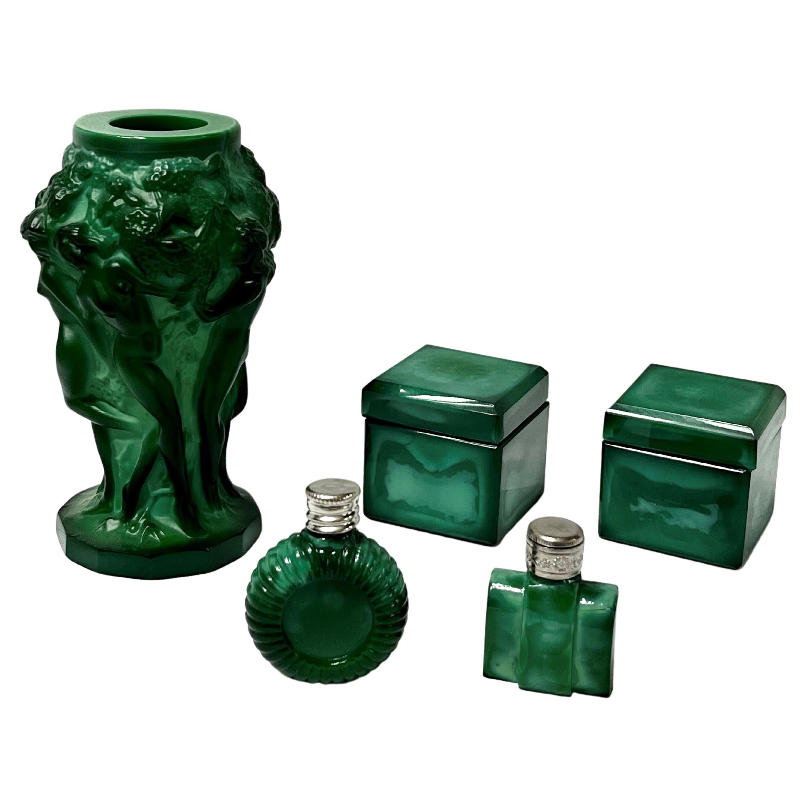 Set Malachite Glass, Flower Vase, Boxes, Perfume Bottles, Curt Schlevogt, 1940s