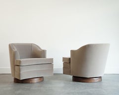 Set MCM Swivel Chairs in Taupe Velvet & Walnut, C. 1950s