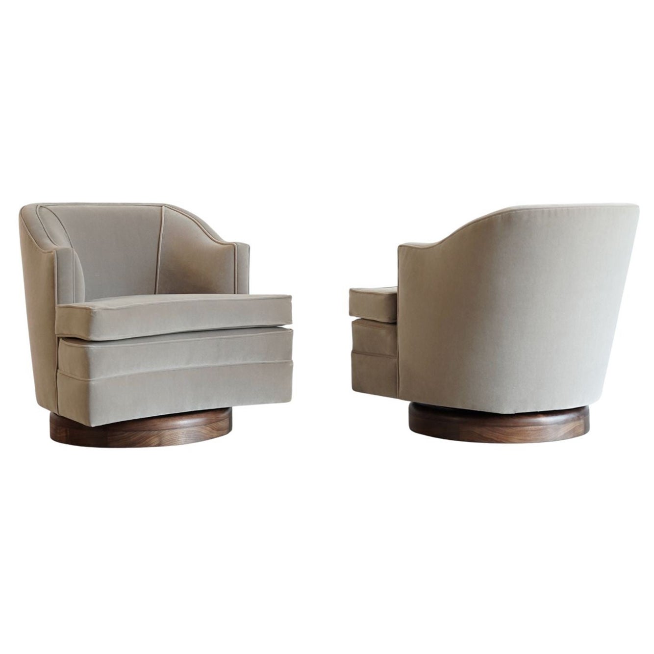 Set MCM Swivel Chairs in Taupe Velvet & Walnut, C. 1950s