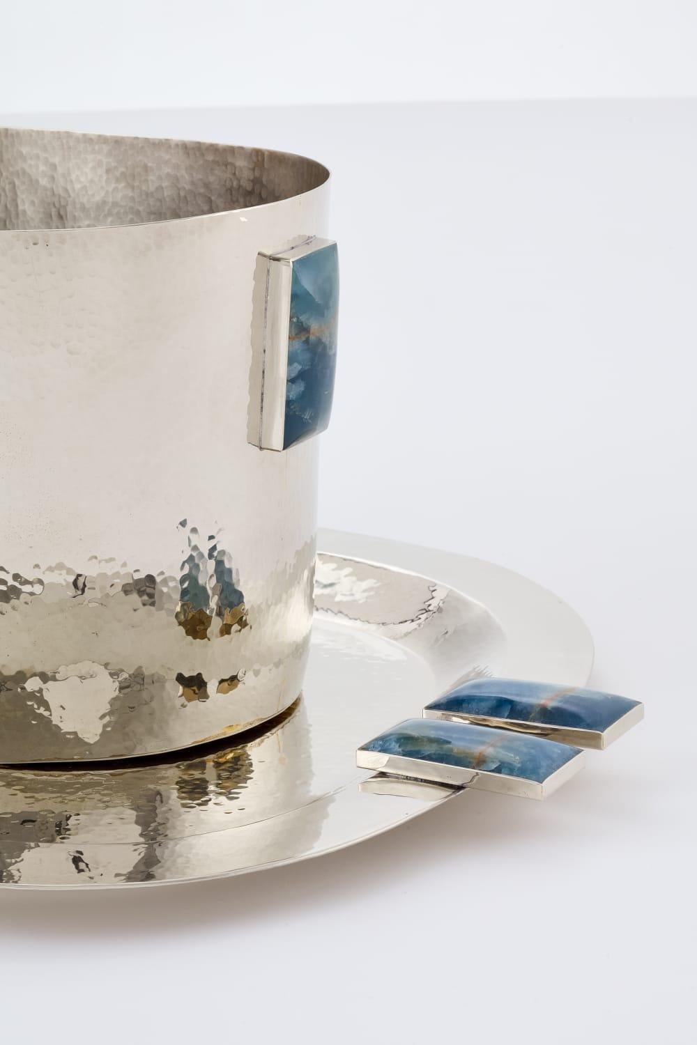 SET Medium Glaciar Silver Alpaca & Blue Onyx Stone Bar Tablett &  Champagner-Eimer (Moderne) im Angebot