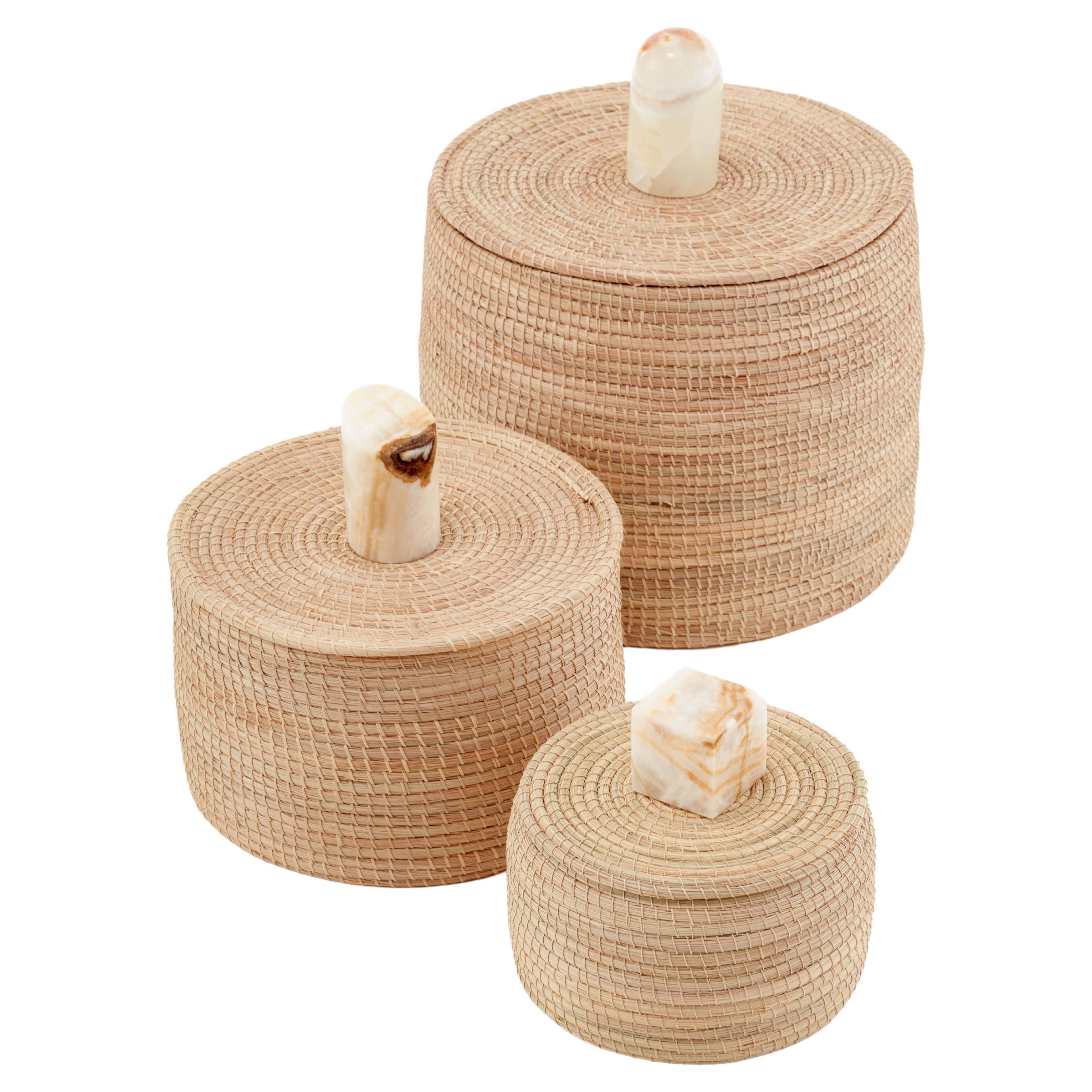 Set Mesopotamia Boxes: Small, Medium & Large, Carandillo & Cream Onyx Stone For Sale