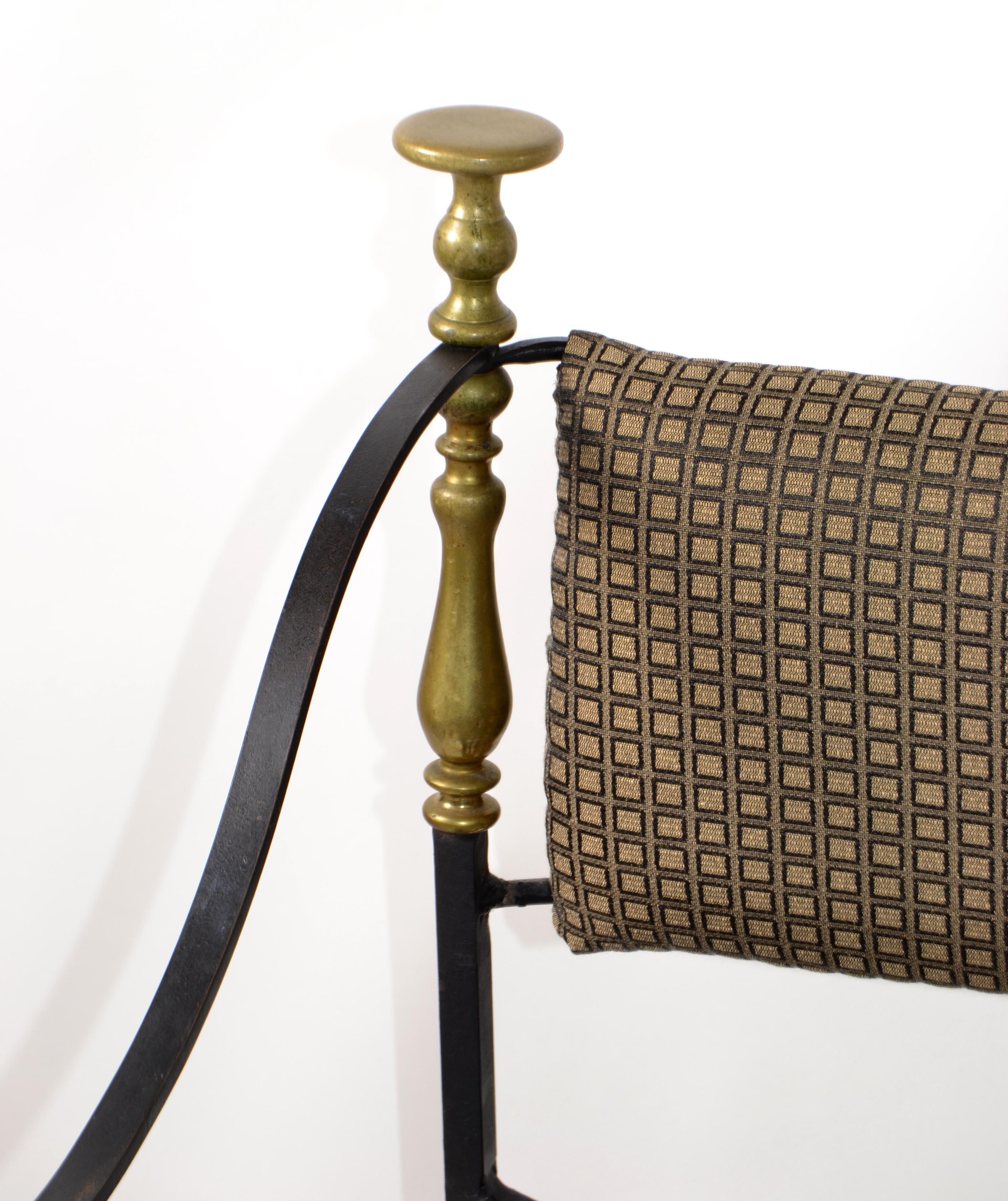 Set Mid-20th Century Italian Savonarola Wrought Iron Brass Chair Footstool Bench For Sale 4