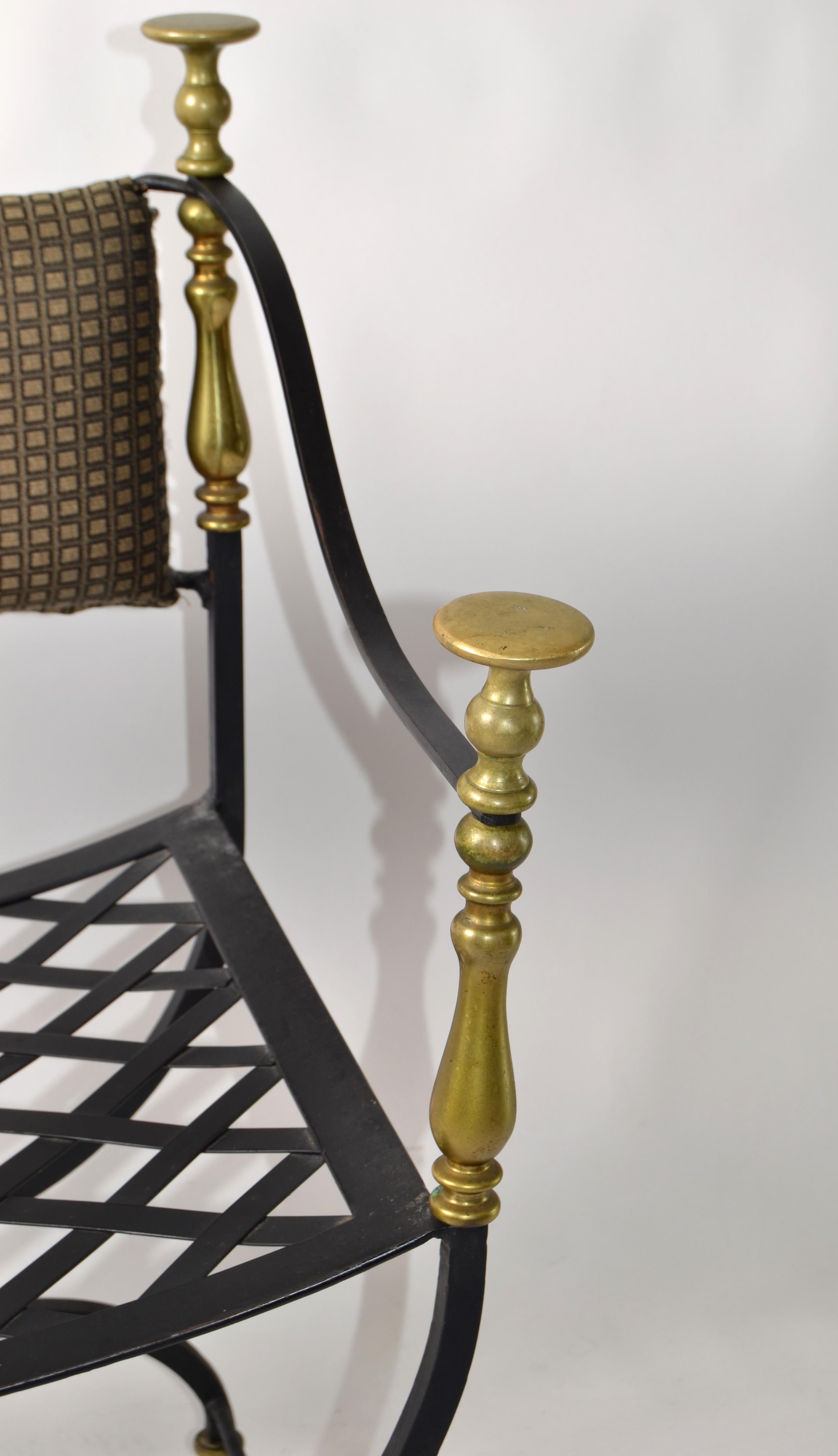 Set Mid-20th Century Italian Savonarola Wrought Iron Brass Chair Footstool Bench For Sale 5