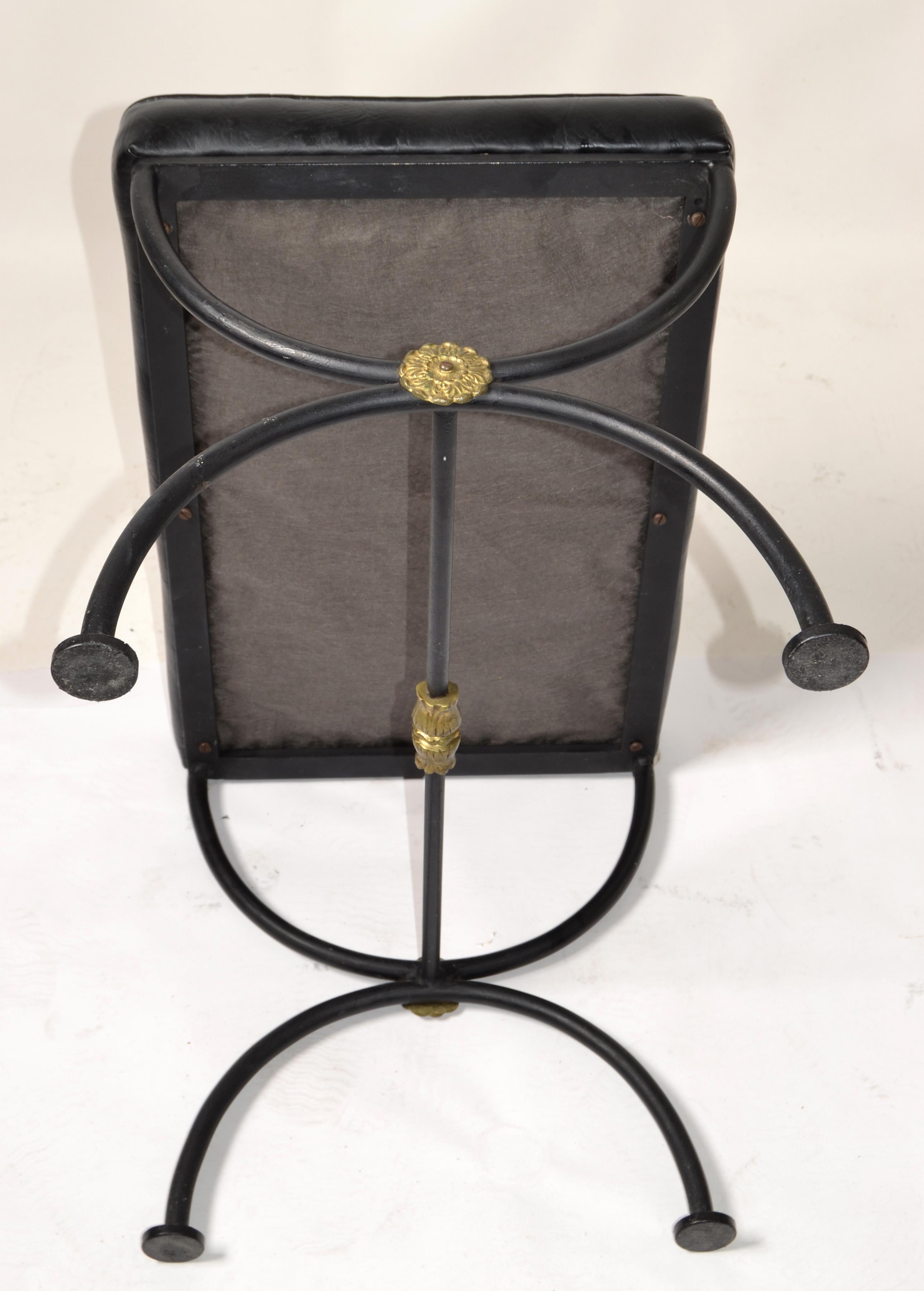 Set Mid-20th Century Italian Savonarola Wrought Iron Brass Chair Footstool Bench For Sale 7