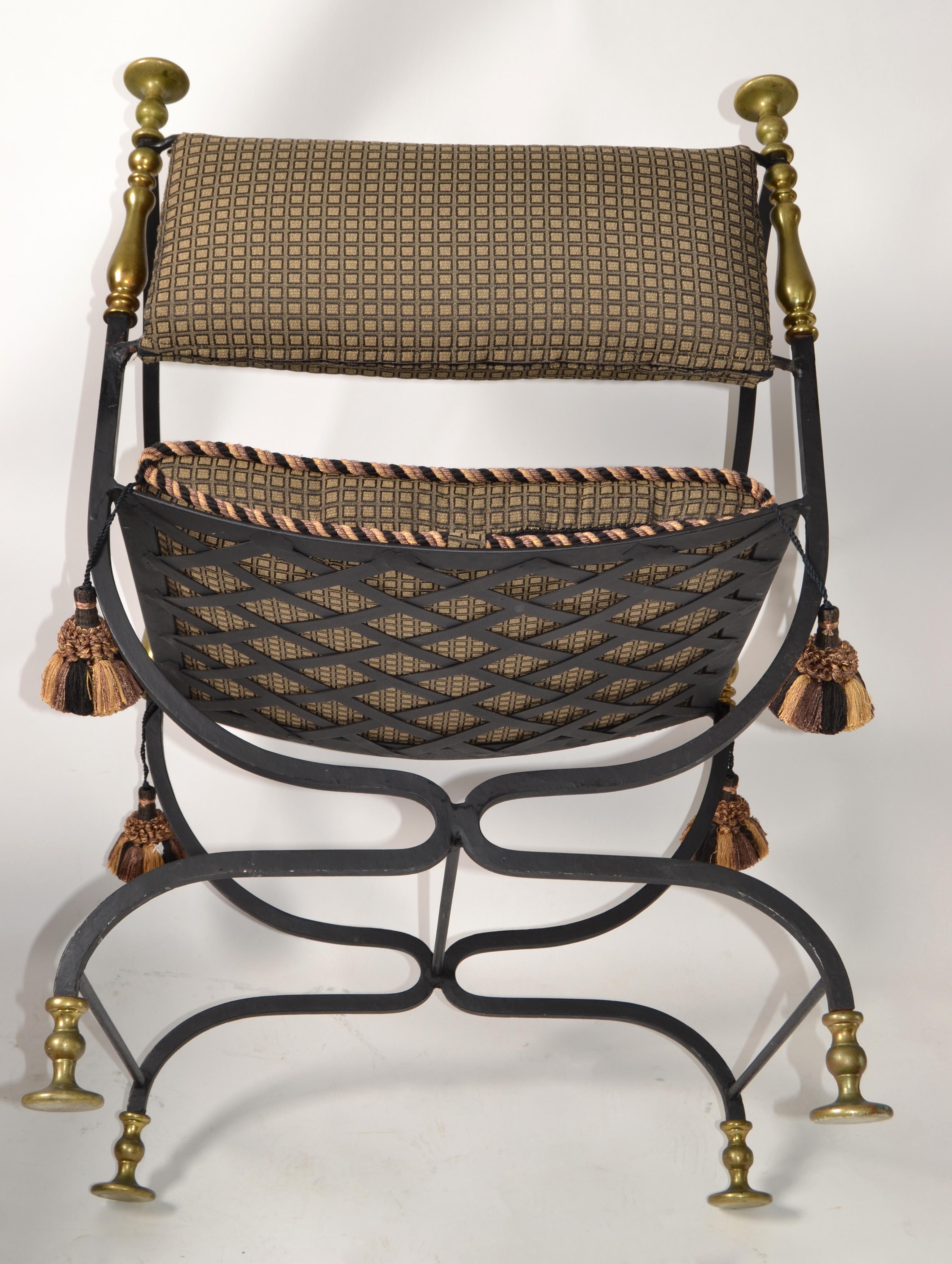 Set Mid-20th Century Italian Savonarola Wrought Iron Brass Chair Footstool Bench For Sale 8