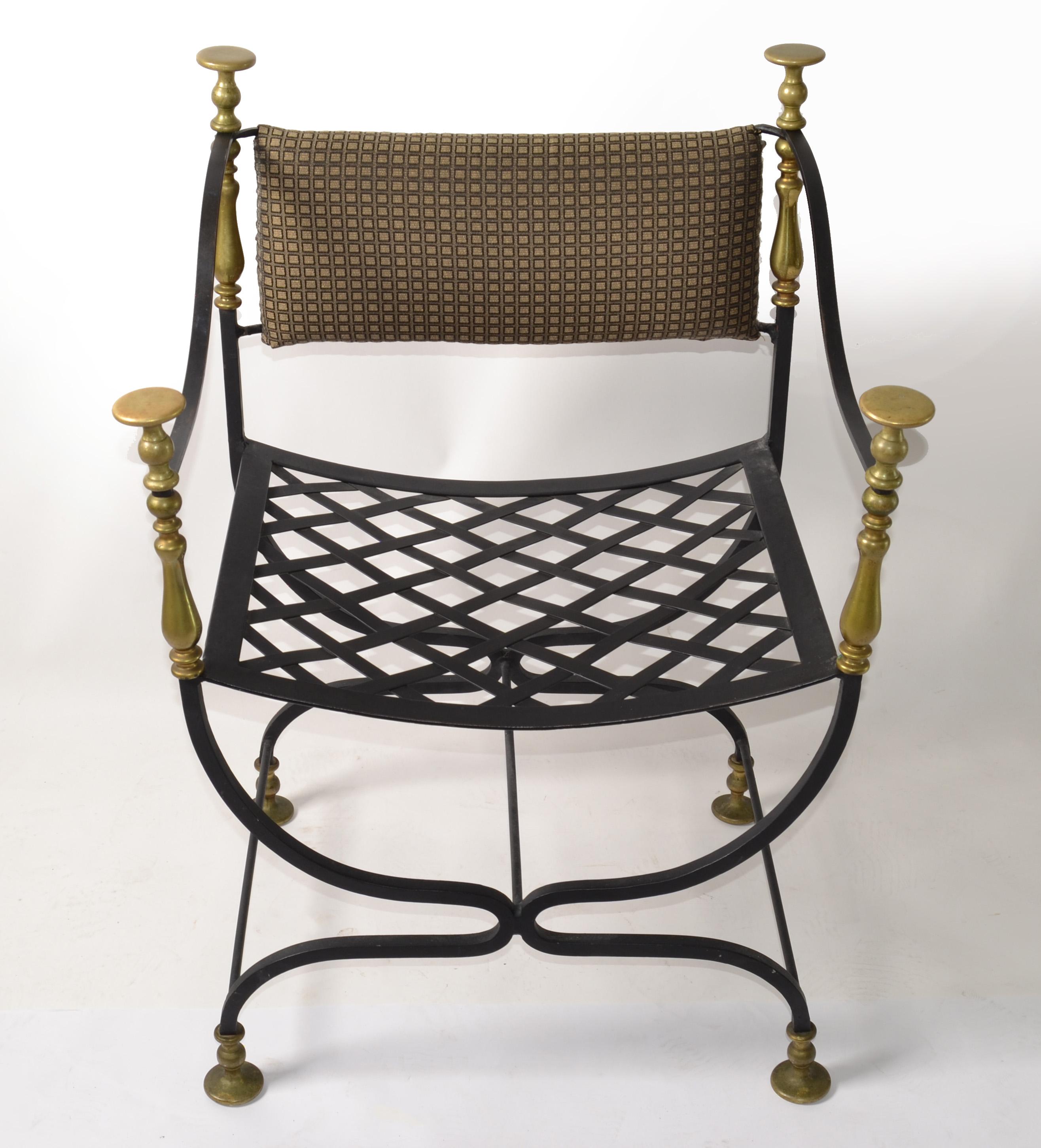 Set Mid-20th Century Italian Savonarola Wrought Iron Brass Chair Footstool Bench For Sale 9