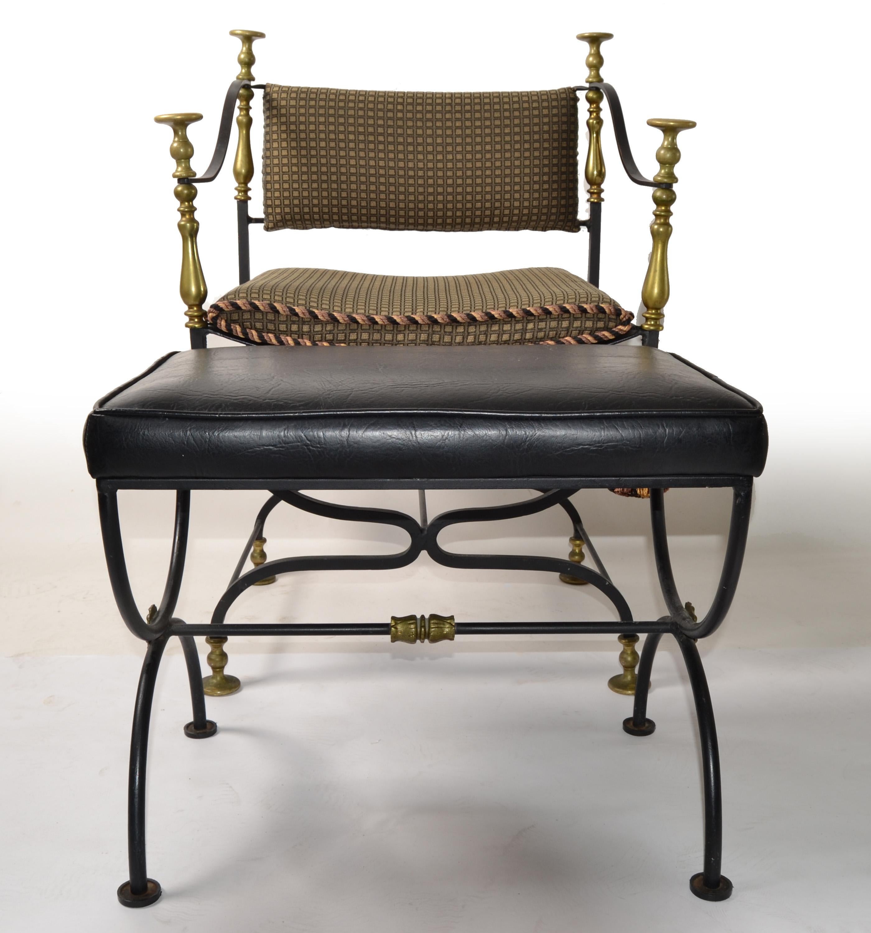 Set Mid-20th Century Italian Savonarola Wrought Iron Brass Chair Footstool Bench For Sale 11