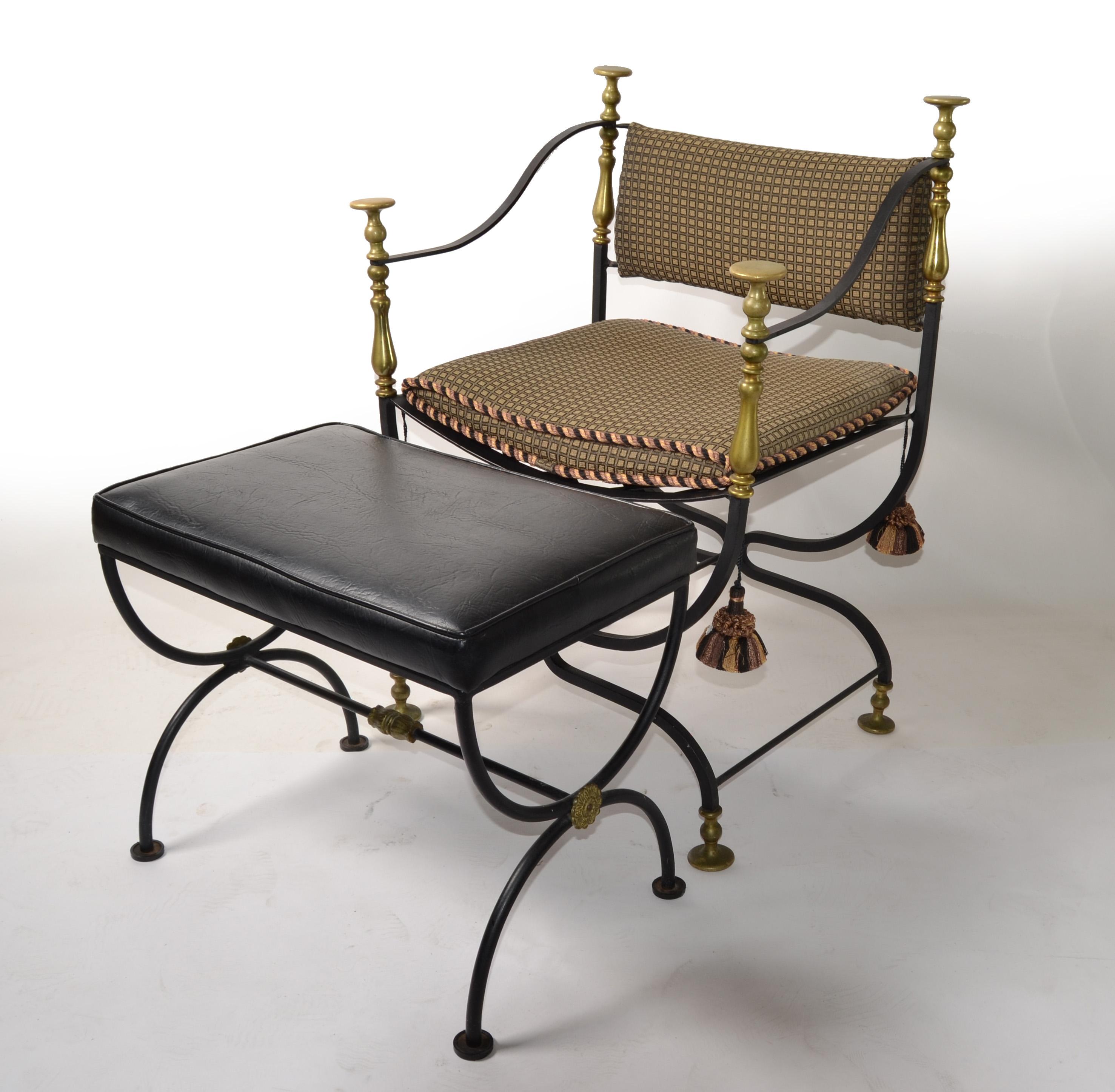 Mid-20th Century Set of Faldistori, Savonarola Armchair and Footstool or Bench in forged and wrought iron, with original polished bronze knobs and medallions brass ornaments.
The Accent Chair has the original seat and backrest Cushions.
The arched