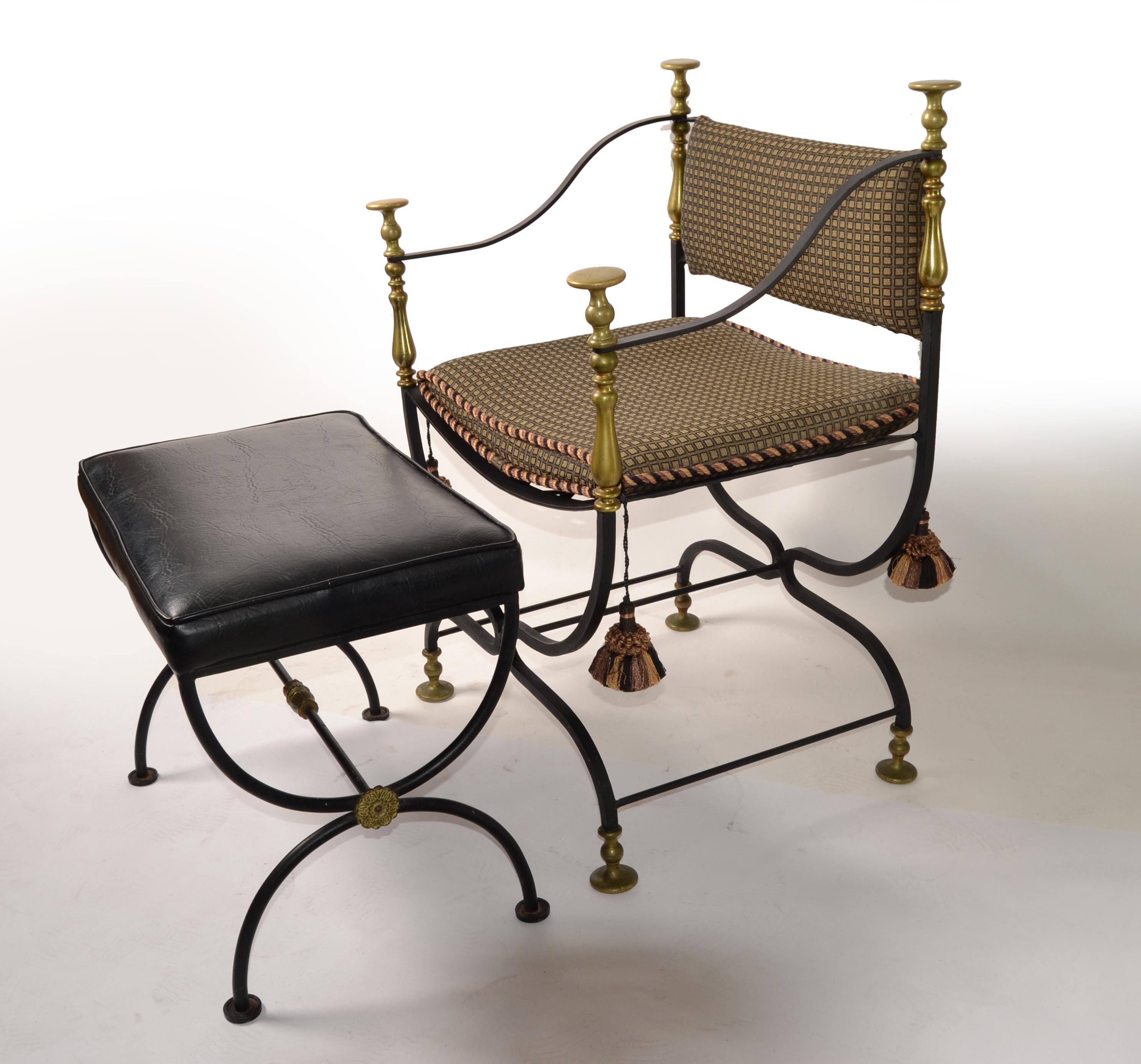 Forged Set Mid-20th Century Italian Savonarola Wrought Iron Brass Chair Footstool Bench For Sale