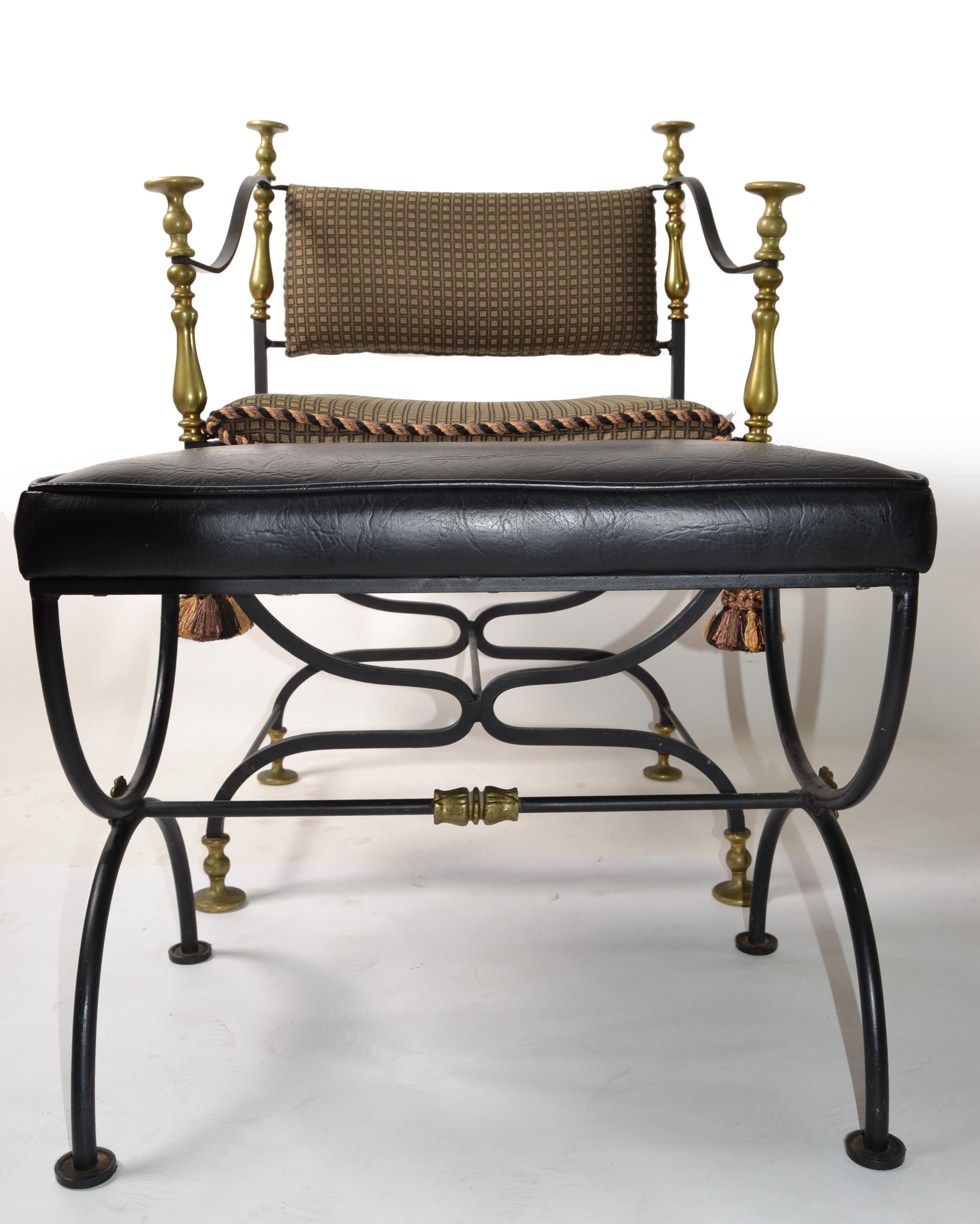 Patent Leather Set Mid-20th Century Italian Savonarola Wrought Iron Brass Chair Footstool Bench For Sale
