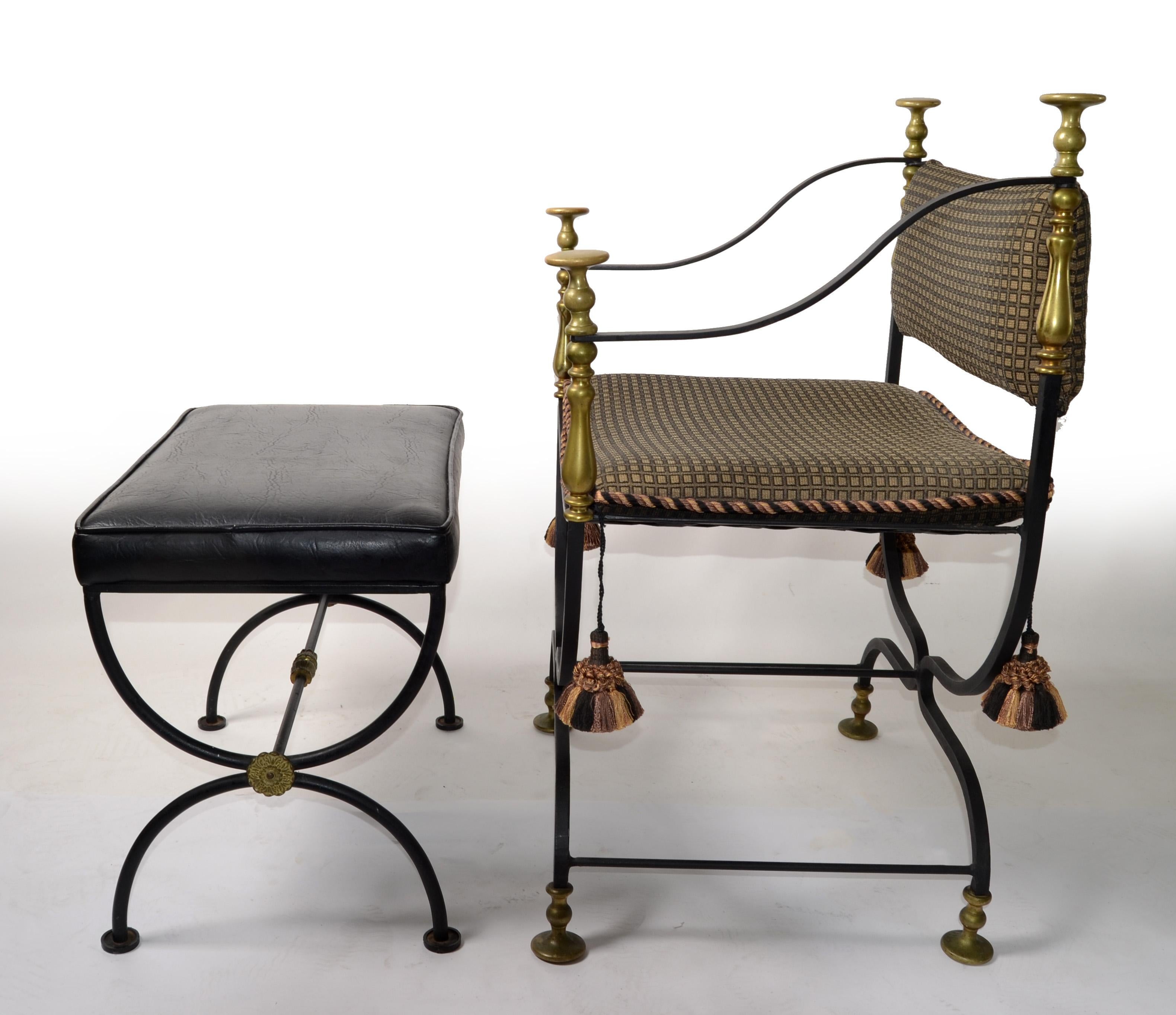 Set Mid-20th Century Italian Savonarola Wrought Iron Brass Chair Footstool Bench For Sale 1
