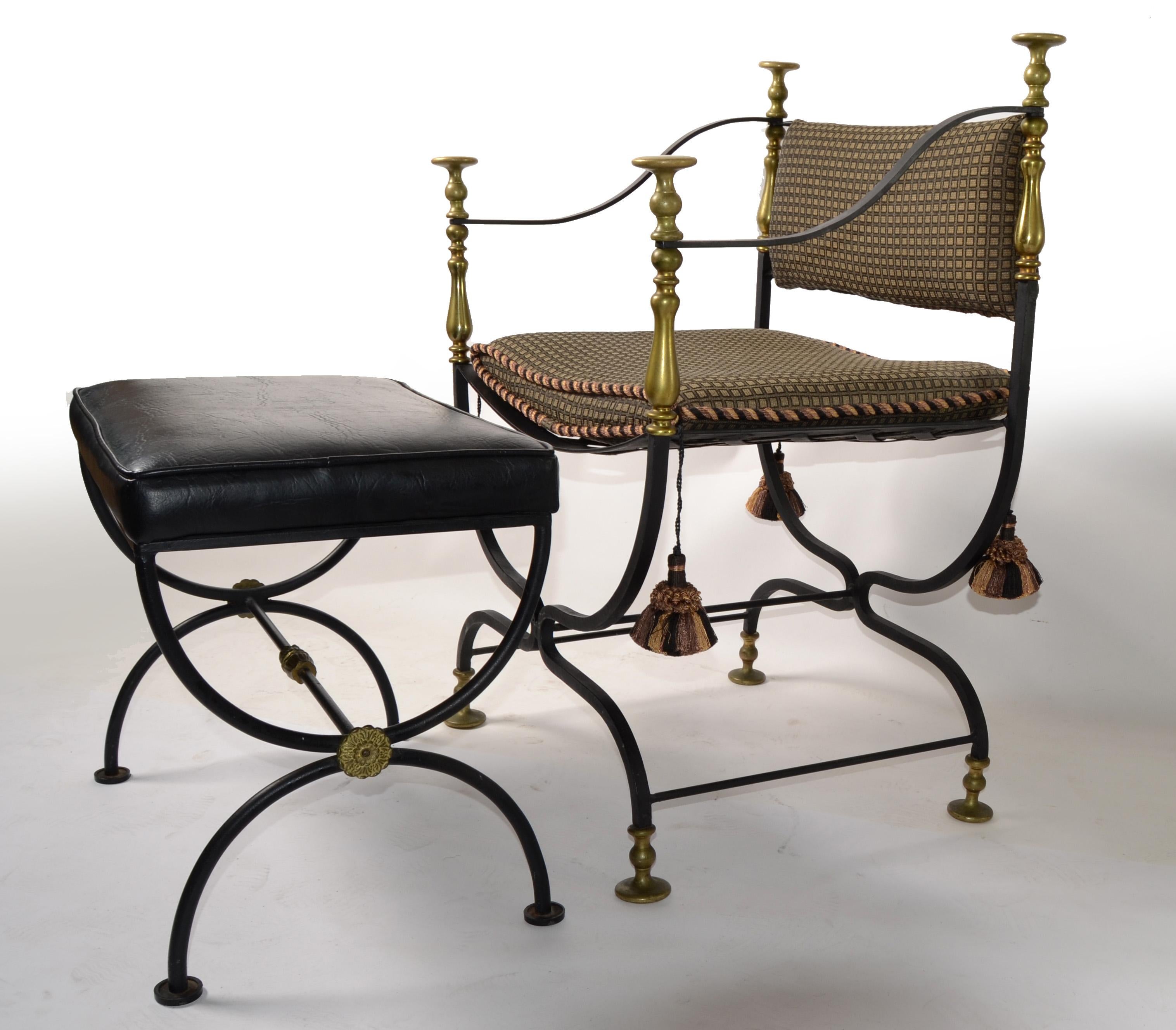 Set Mid-20th Century Italian Savonarola Wrought Iron Brass Chair Footstool Bench For Sale 2