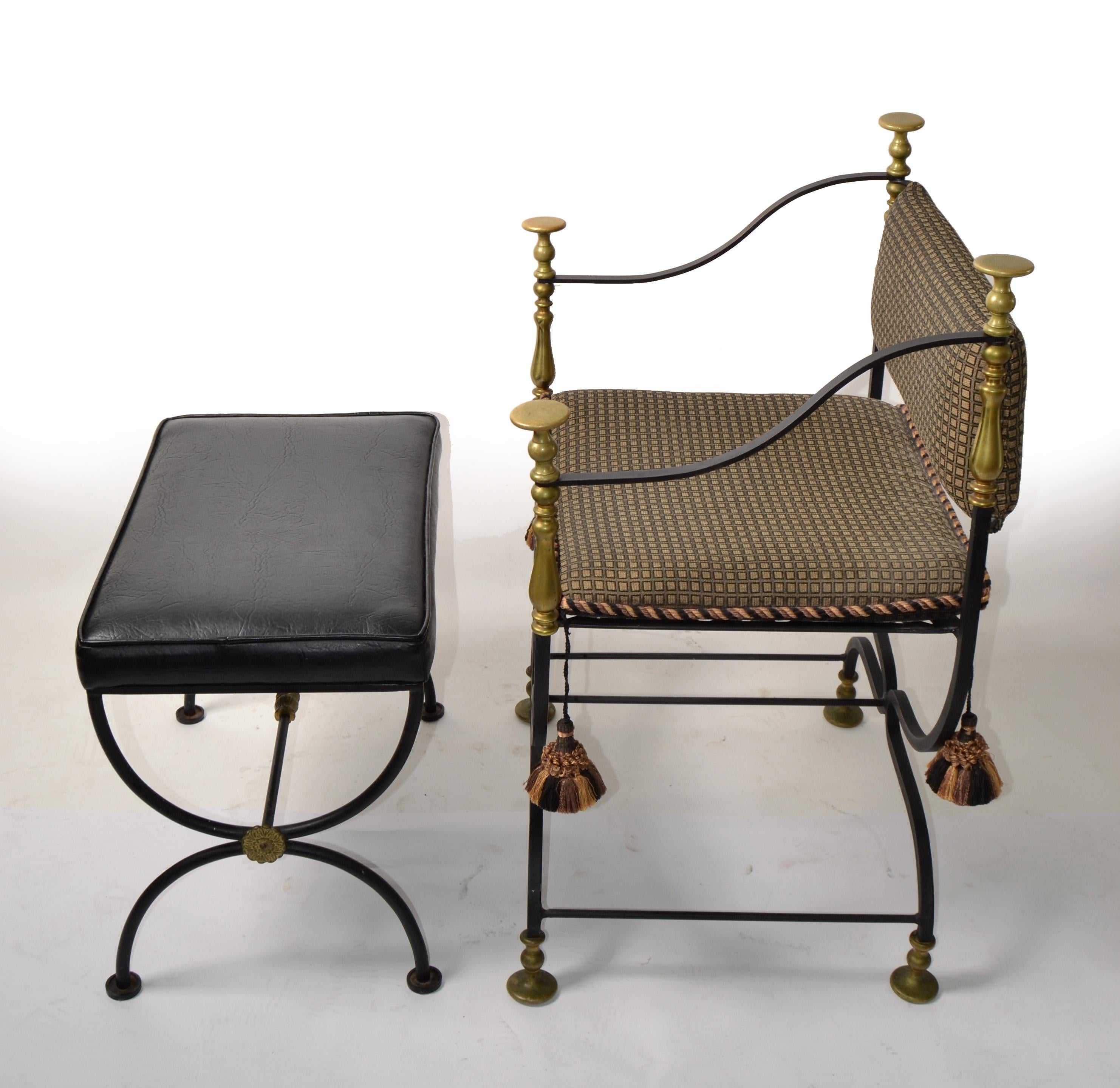 Set Mid-20th Century Italian Savonarola Wrought Iron Brass Chair Footstool Bench For Sale 3