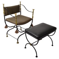 Set Mid-20th Century Italian Savonarola Wrought Iron Brass Chair Footstool Bench