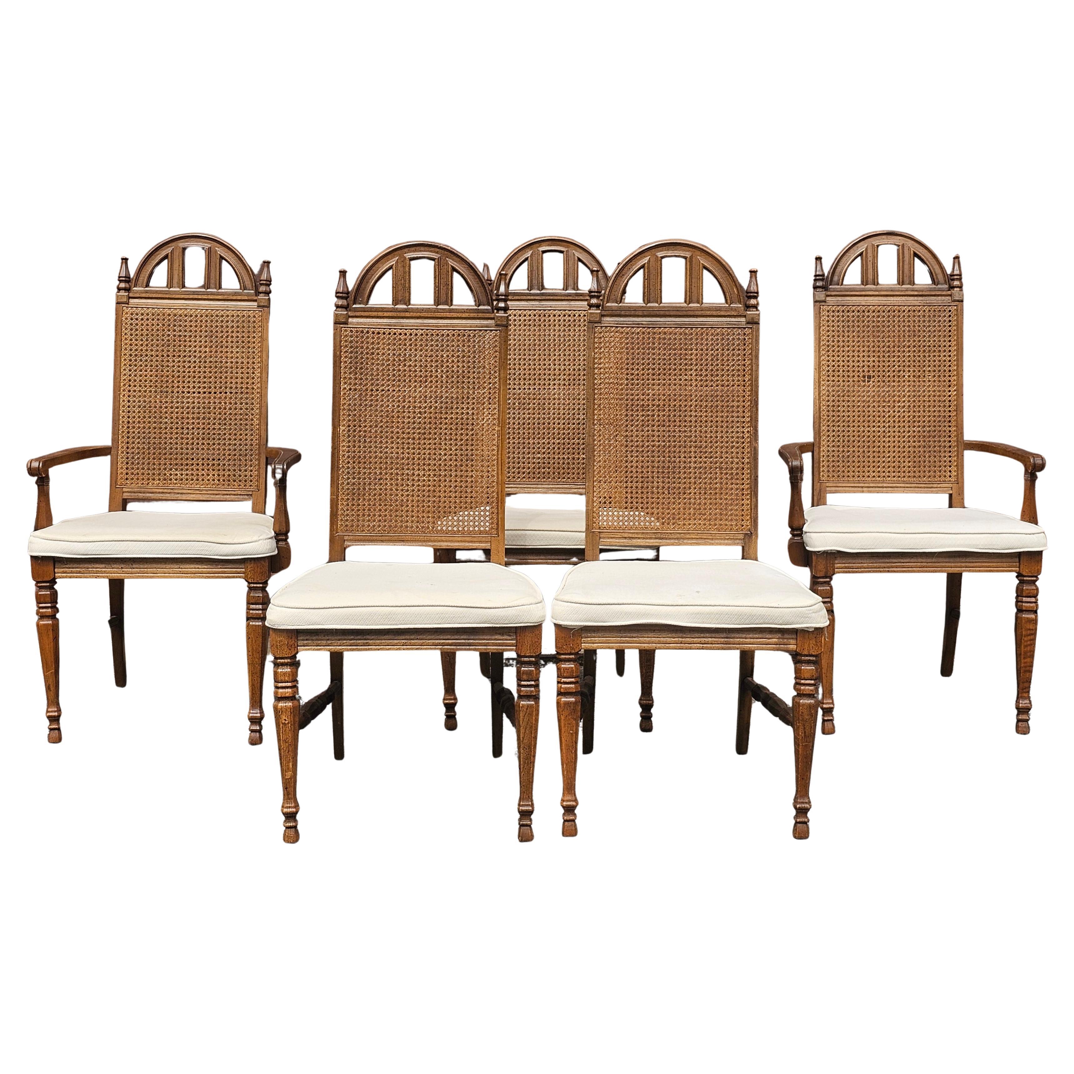Set Mid Century Bassett Furniture Provincial Style Walnut and Cane Chairs For Sale