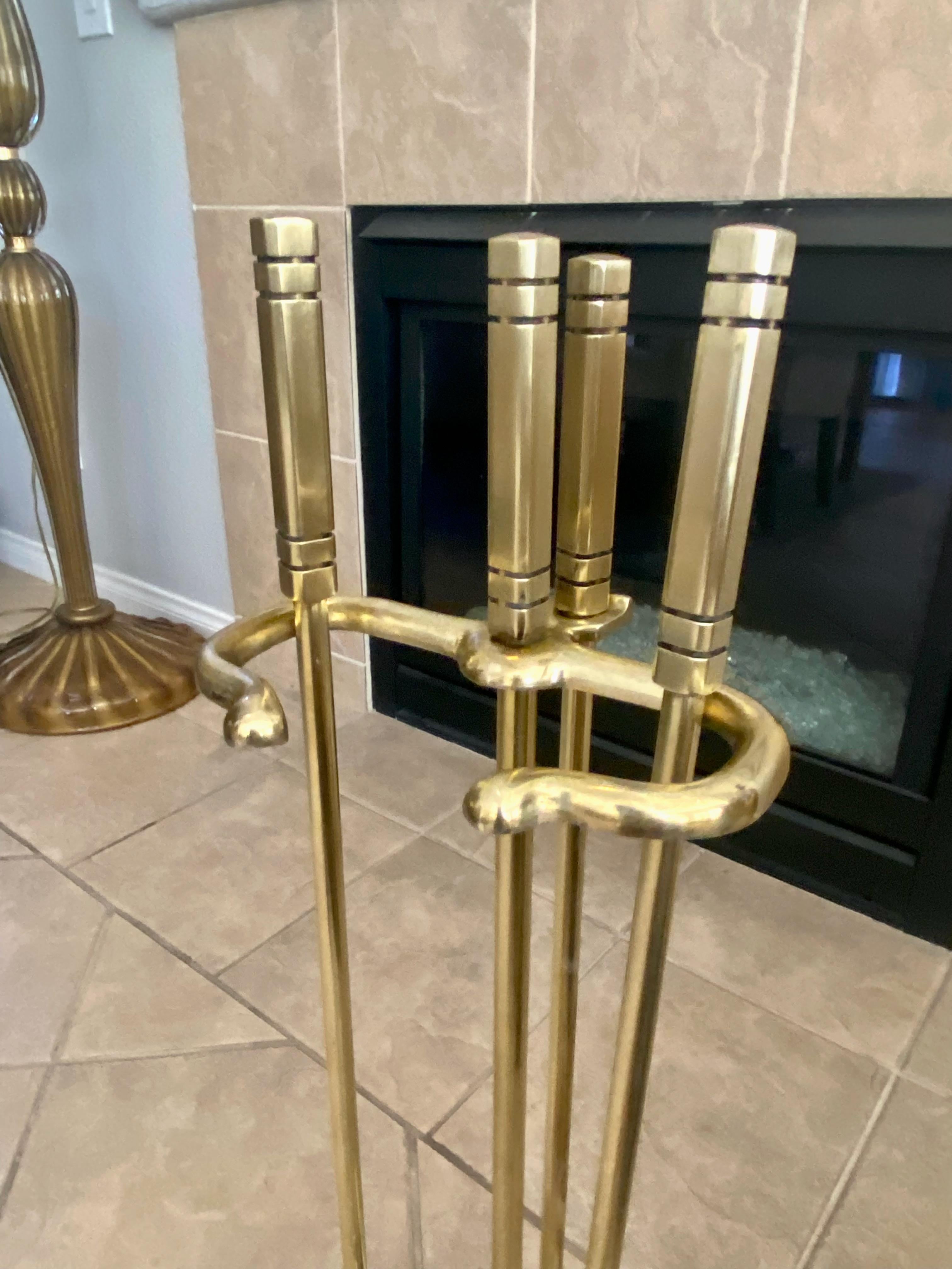 Set Mid Century Modernist Brass Cast Iron Fireplace Tool Set For Sale 11