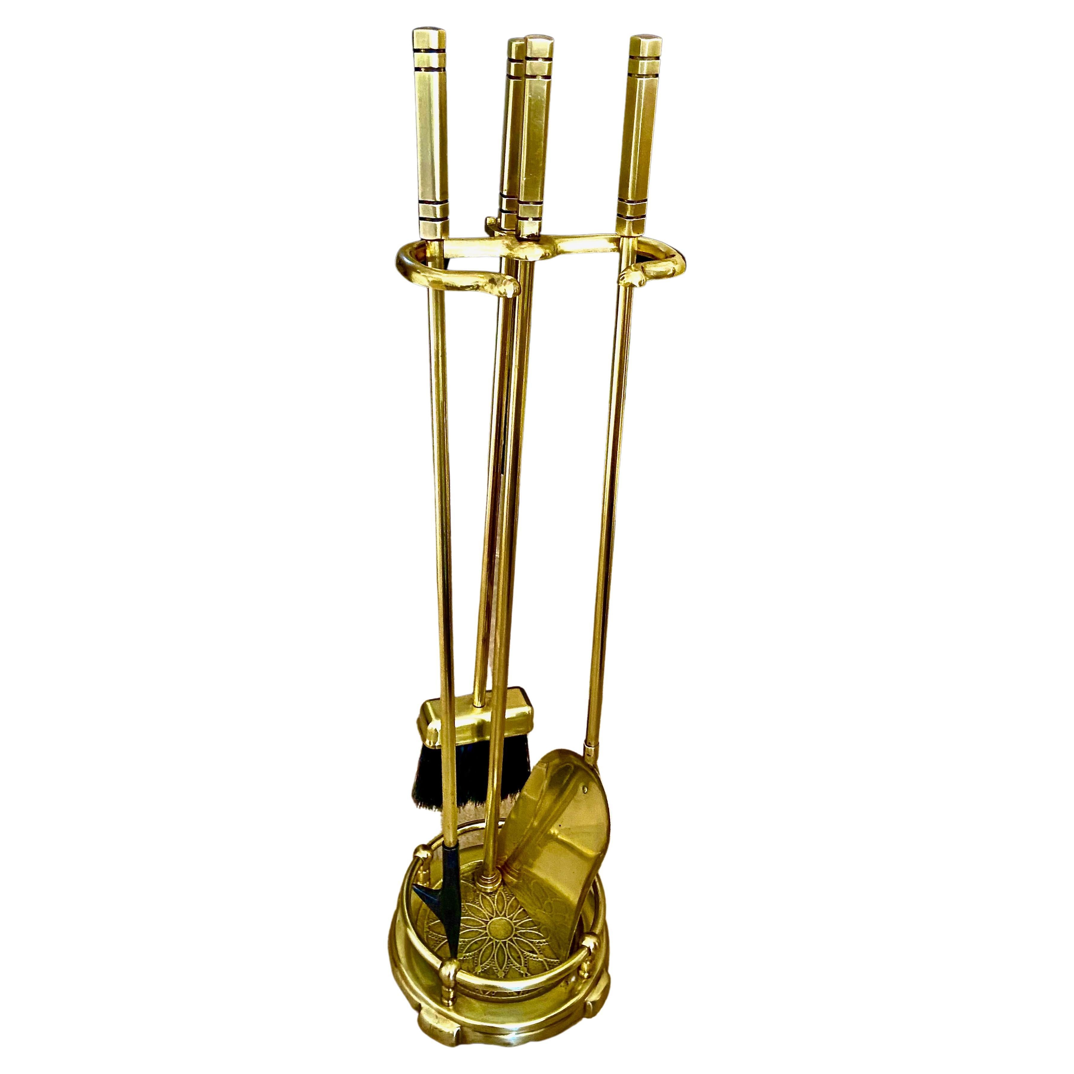 Set Mid Century Modernist Brass Cast Iron Fireplace Tool Set For Sale