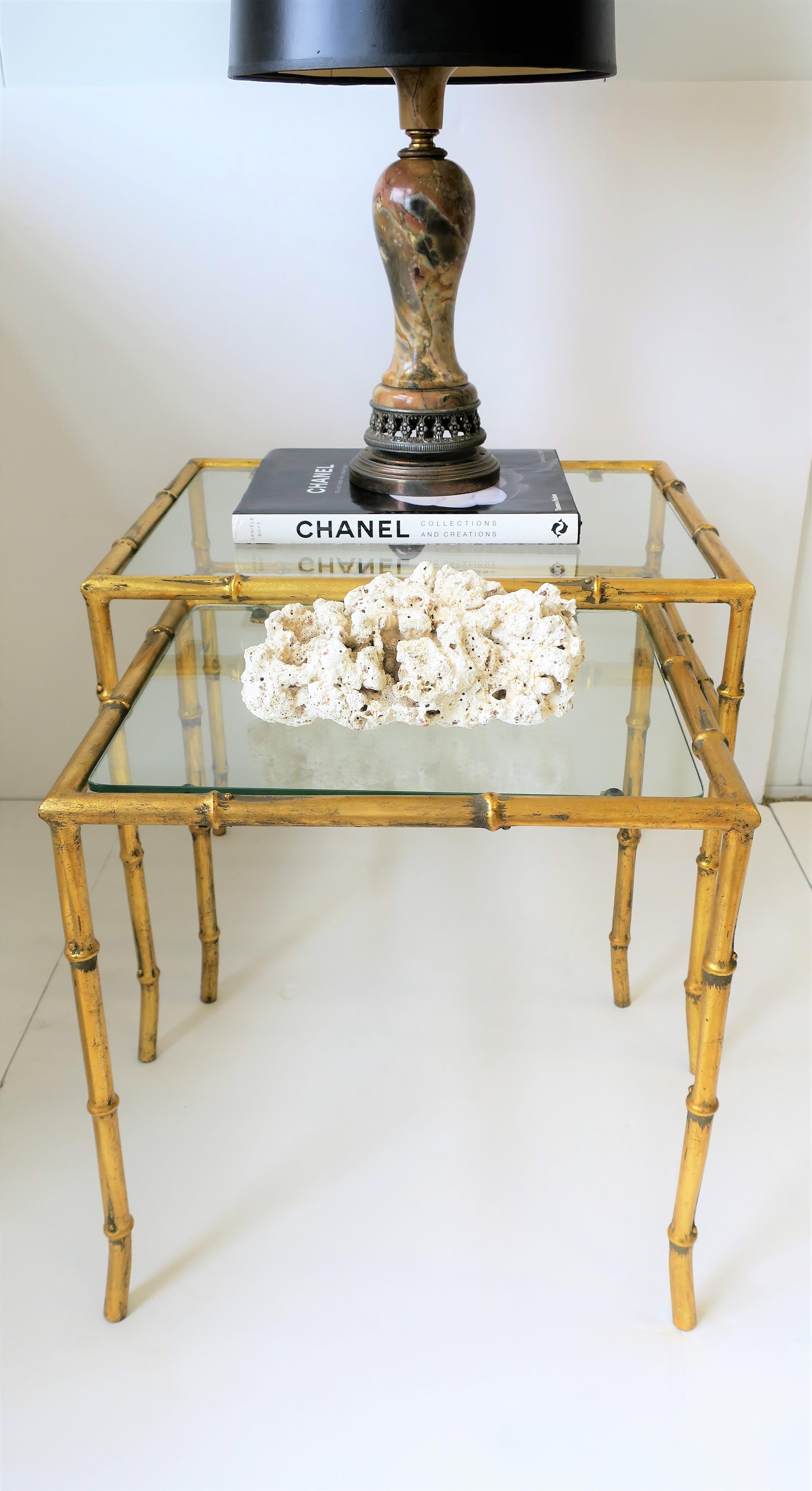 20th Century Gold Gilt Bamboo Nesting End Tables, Pair Set