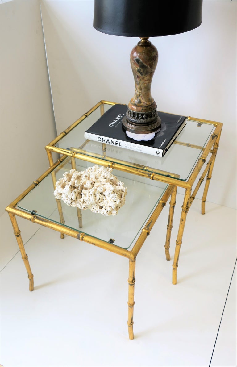 Gold Gilt Bamboo Nesting End Tables, Pair Set For Sale at 1stDibs