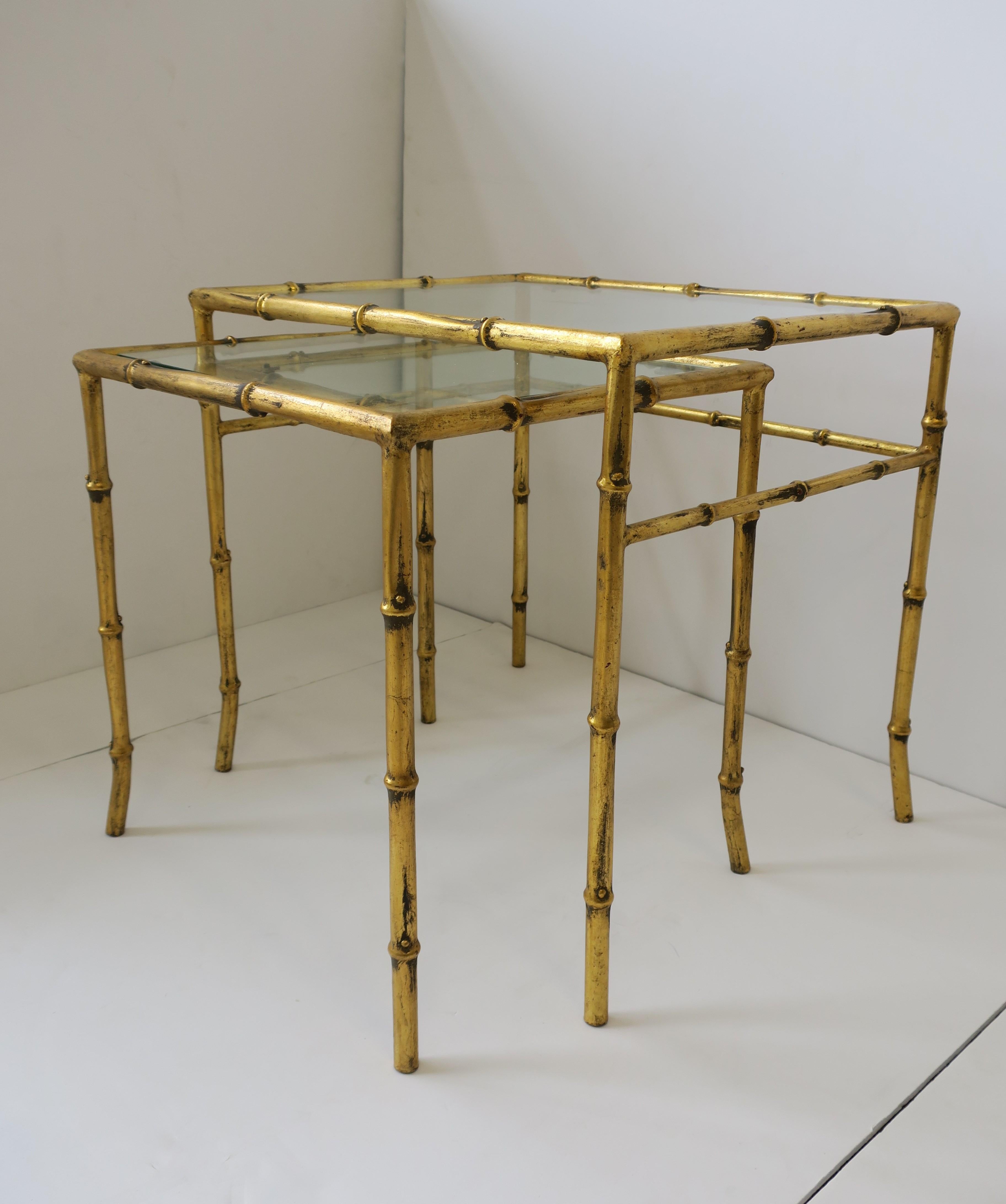 Glass Gold Gilt Bamboo Nesting End Tables, Pair Set