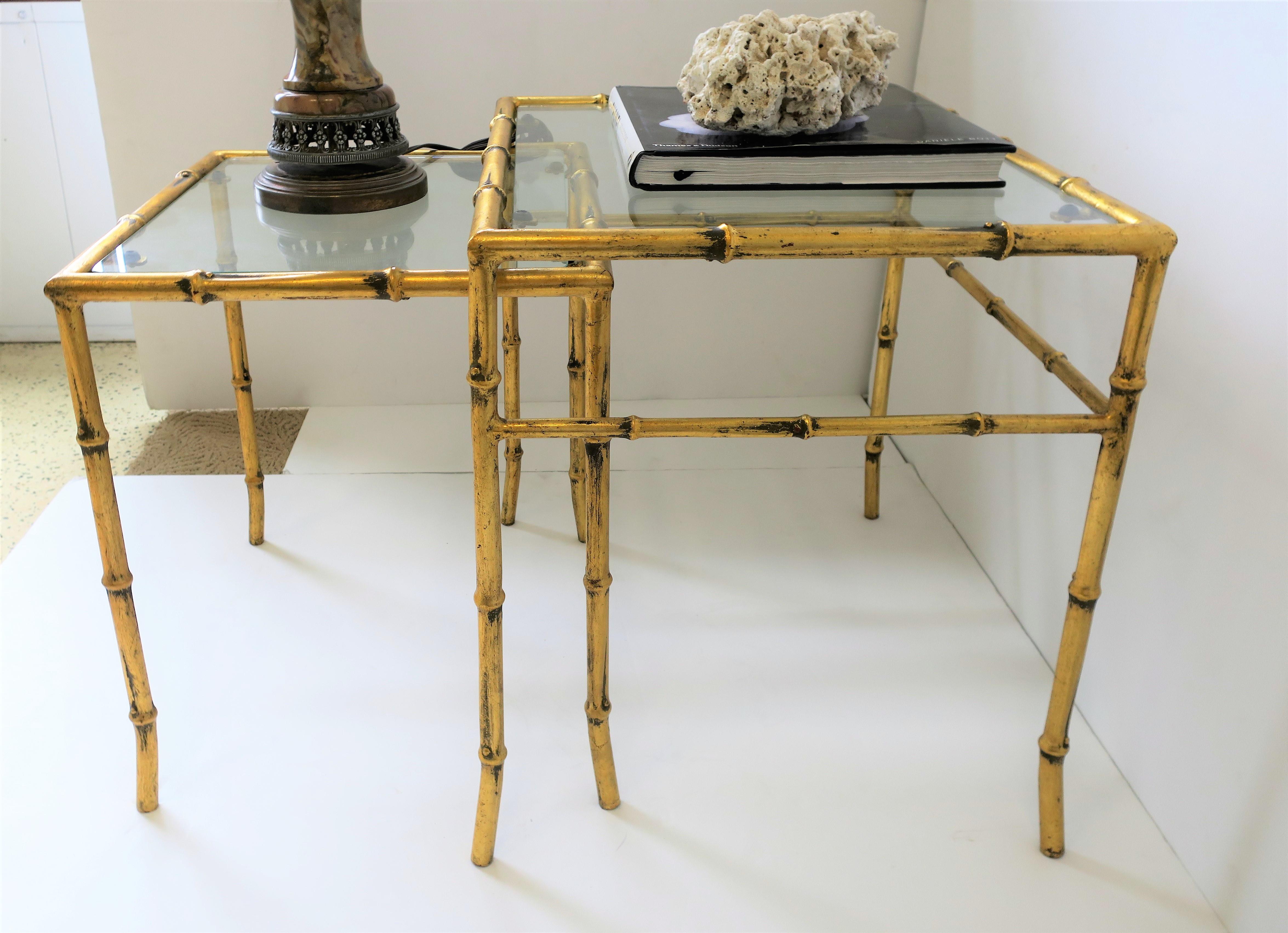Gold Gilt Bamboo Nesting End Tables, Pair Set 1