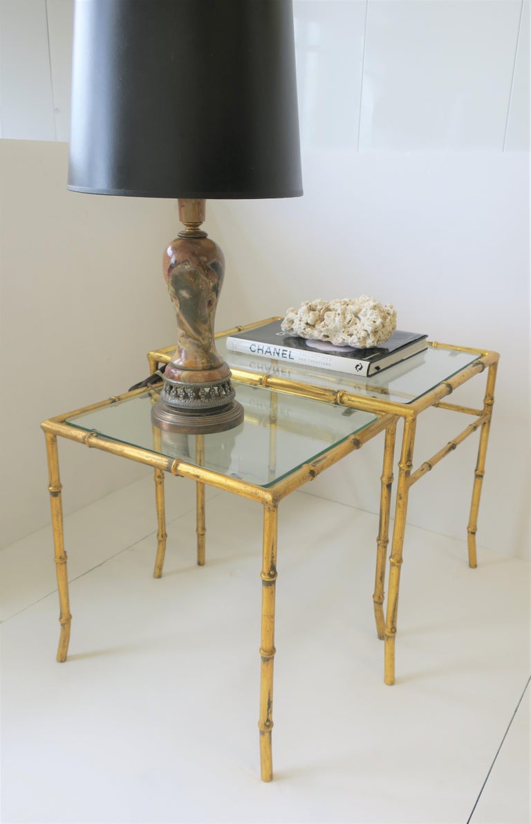 Set Midcentury Italian Gold Gilt Bamboo and Glass Nesting or End Tables