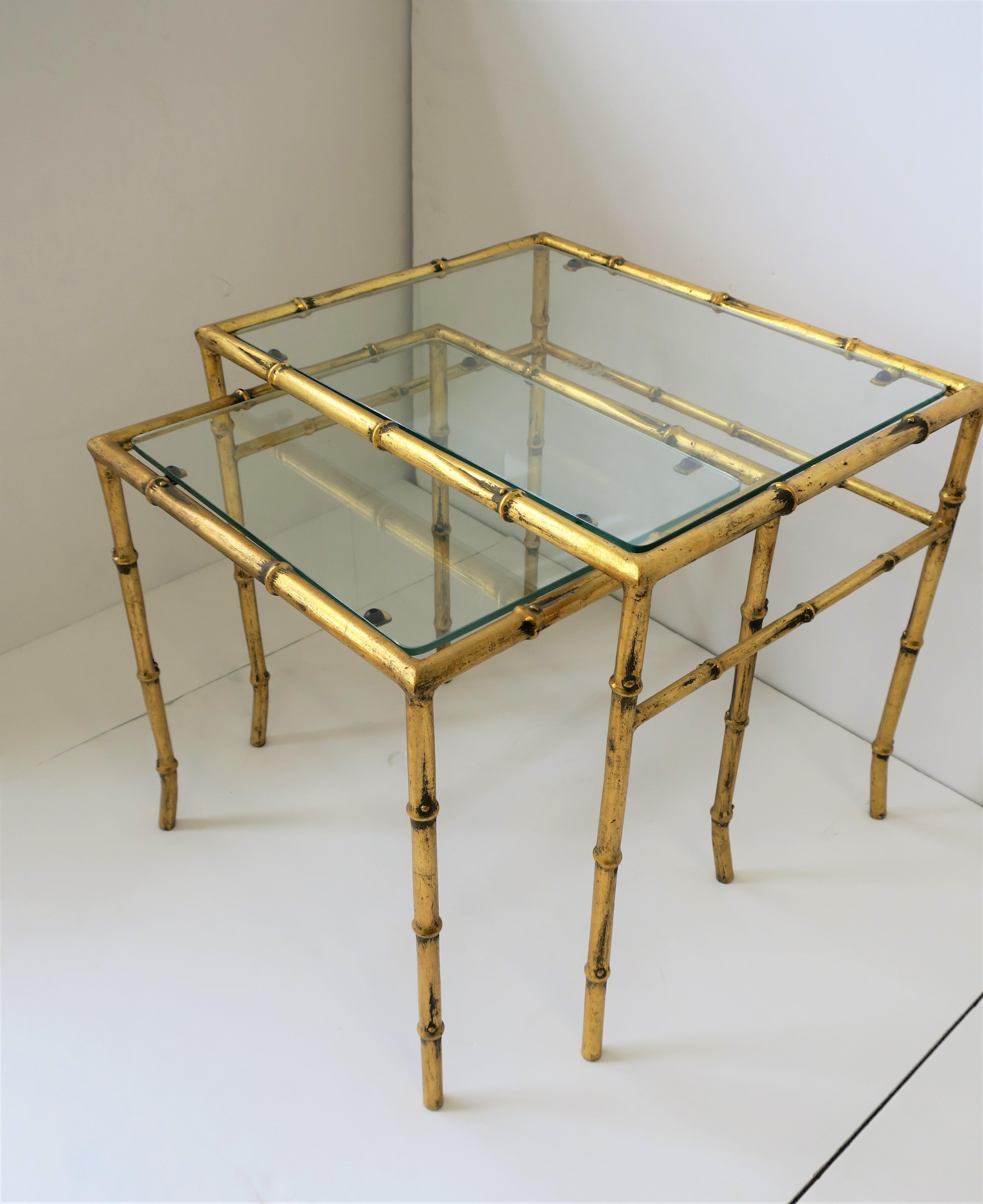 Gold Gilt Bamboo Nesting End Tables, Pair Set 5