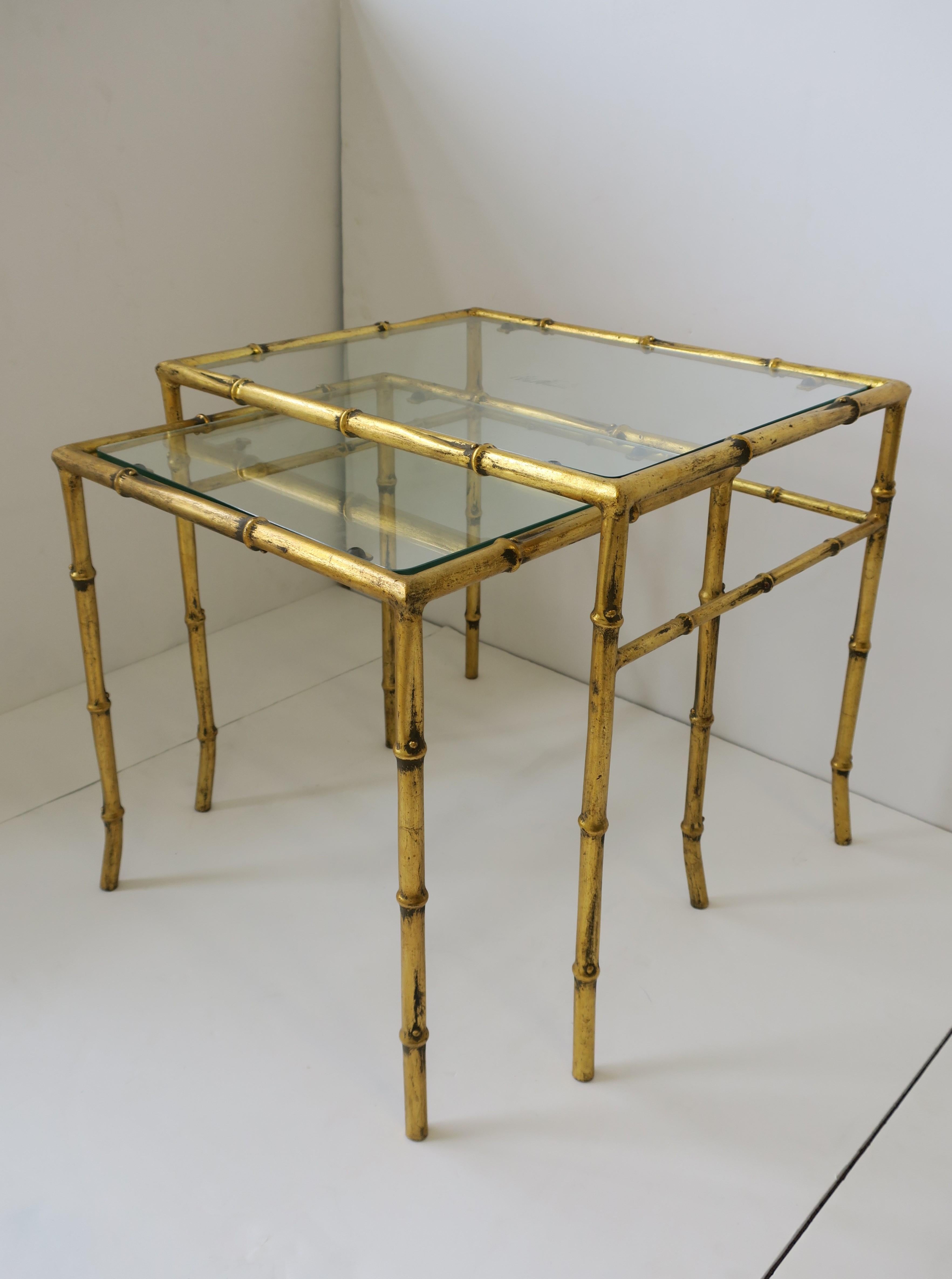 Gold Gilt Bamboo Nesting End Tables, Pair Set 6
