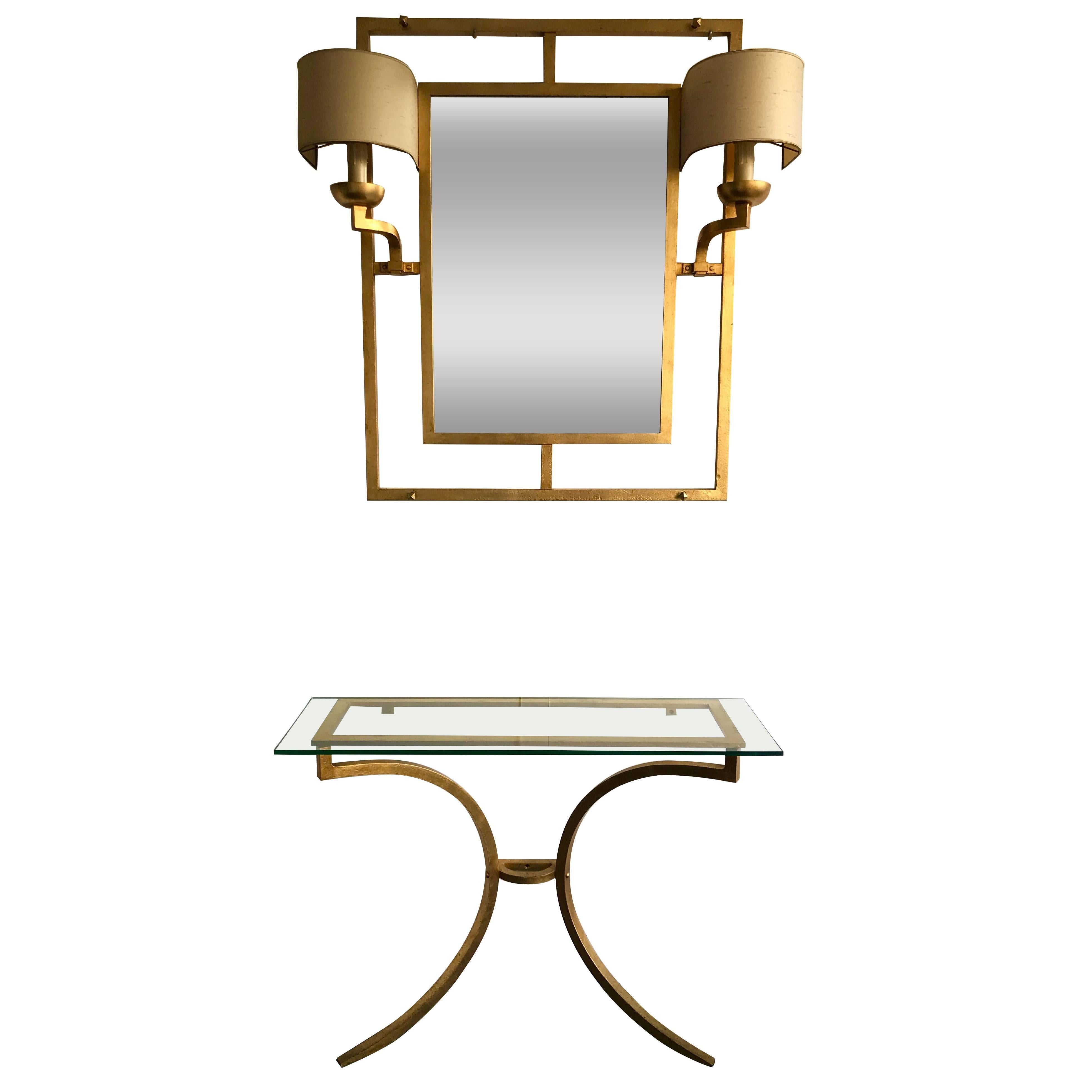 Set Mirror Console Gold Leaf by Robert and Roger Thibier, France, 1960s