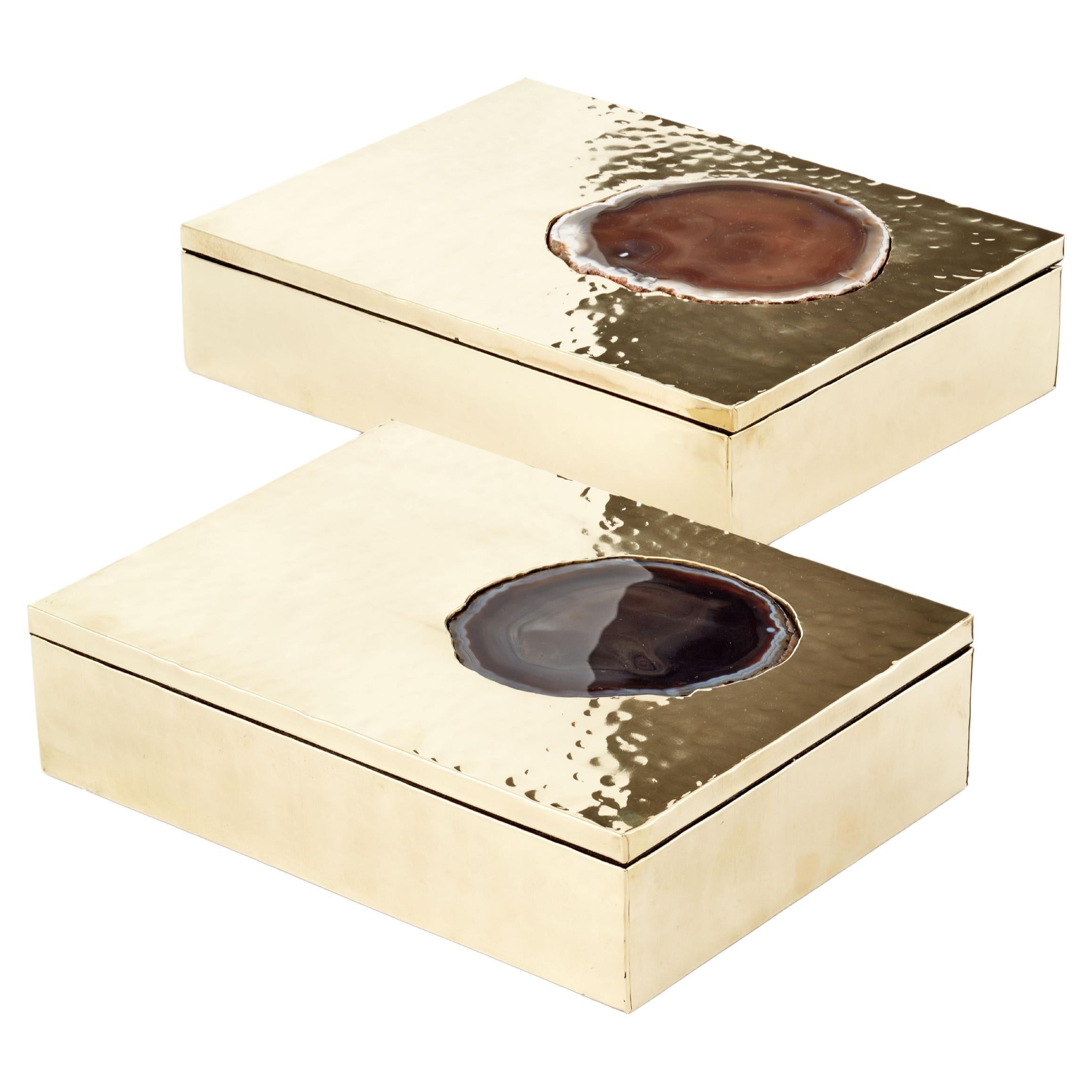 SET MISIONES Medium, Large Brass & Agate Stone Box For Sale