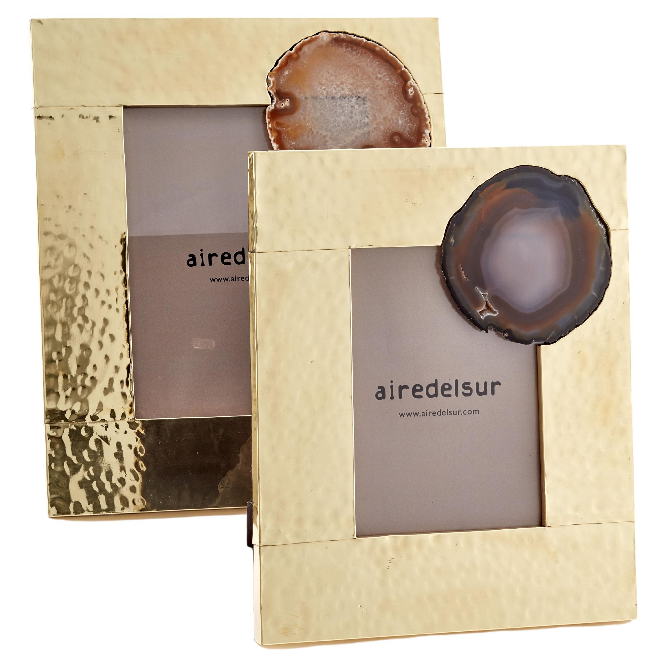 SET Misiones Medium & Large Brass & Agate Stone Photoframes For Sale