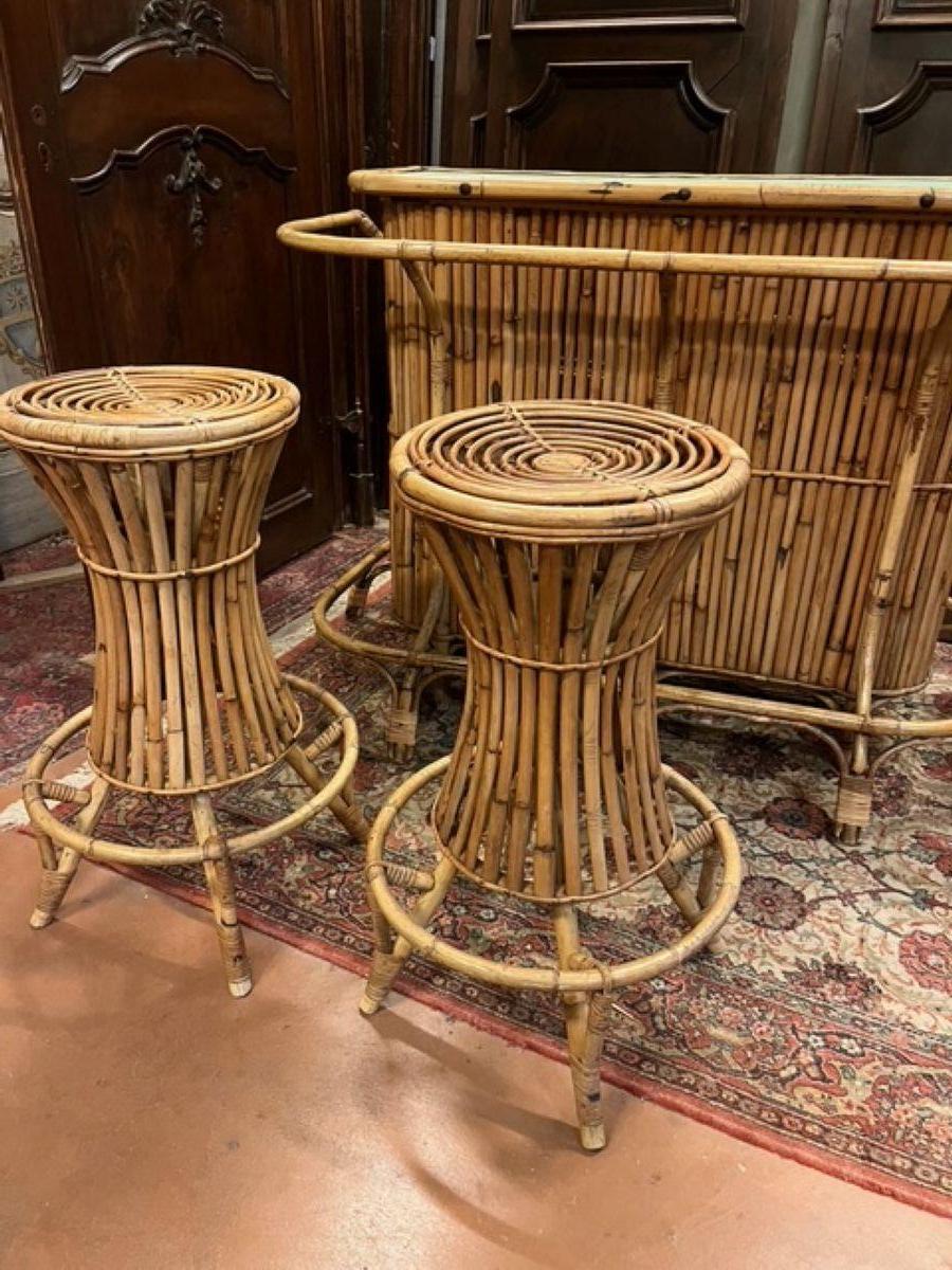 Set mobili e sgabelli da bar in bamboo, stile Bonacina, italia in vendita 2