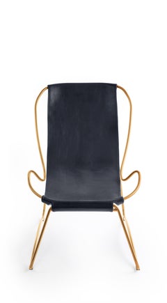 Set Artisan Sculptural Chaise Lounge & Pouf Aged Brass Metal & Navy Blue Leather