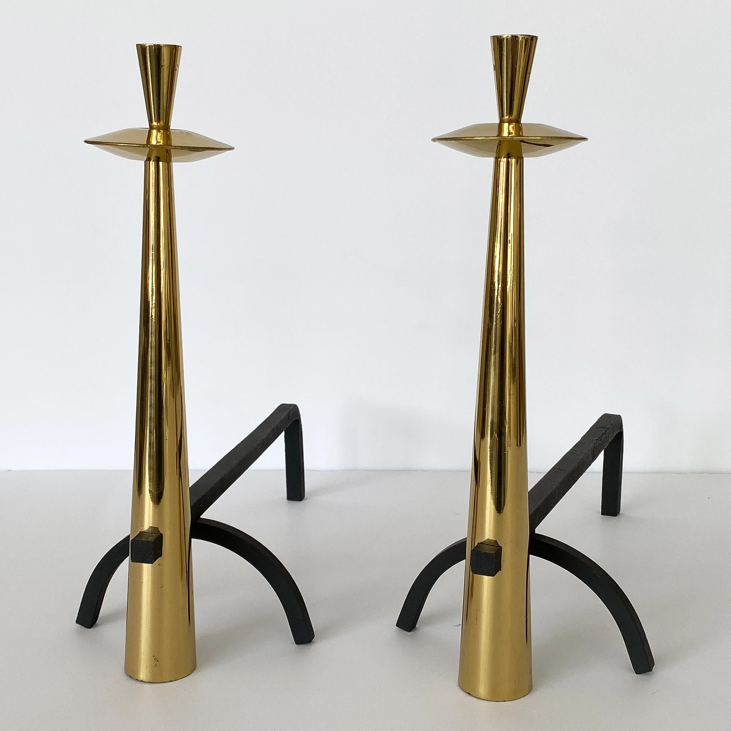 Mid-Century Modern Set of Modernist Brass Fireplace Andirons