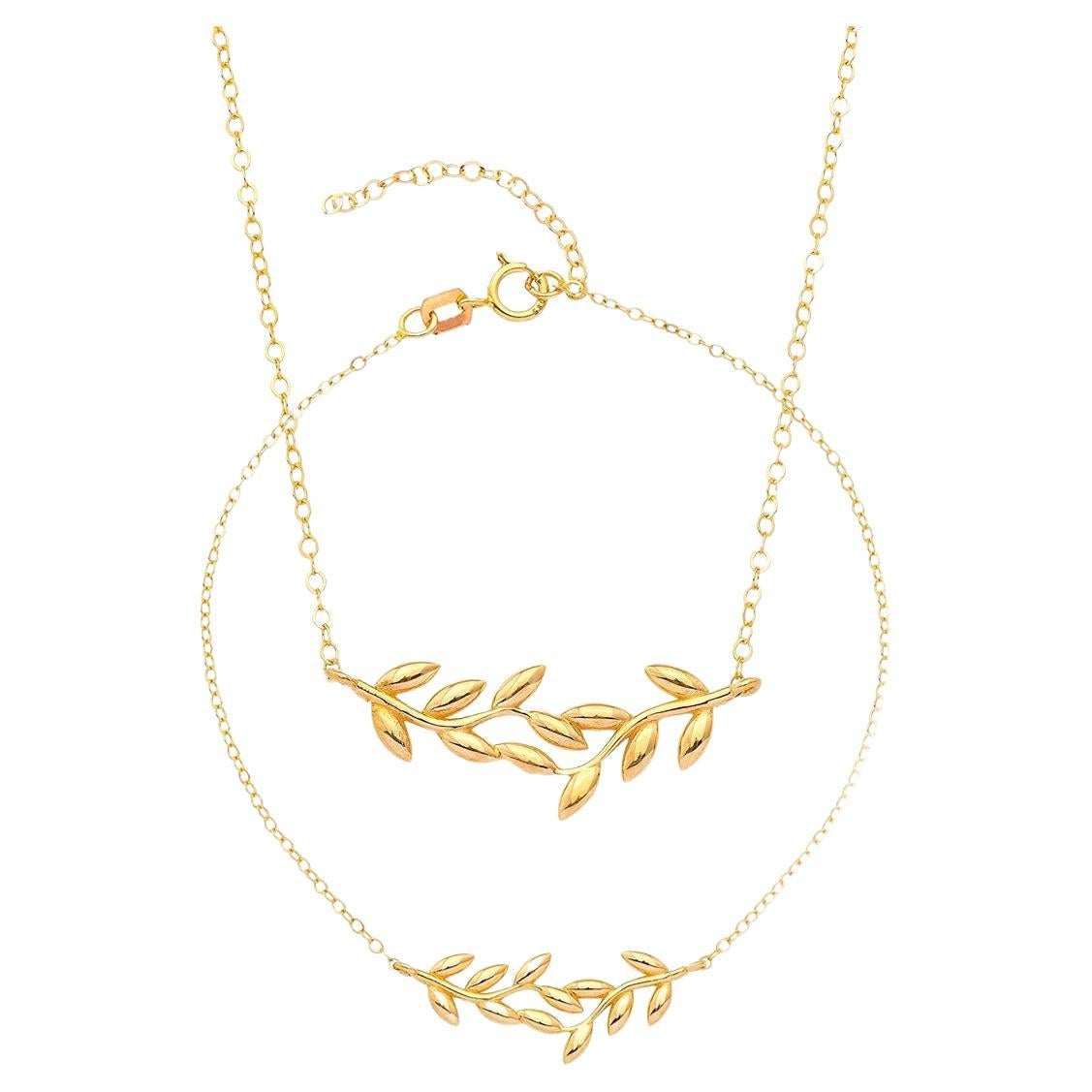 Set, Necklace and Bracelet in 14 Karat Gold, Gold Leaf Bracelet and