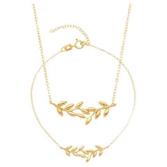 Set, Necklace and Bracelet in 14 Karat Gold, Gold Leaf Bracelet and Necklace