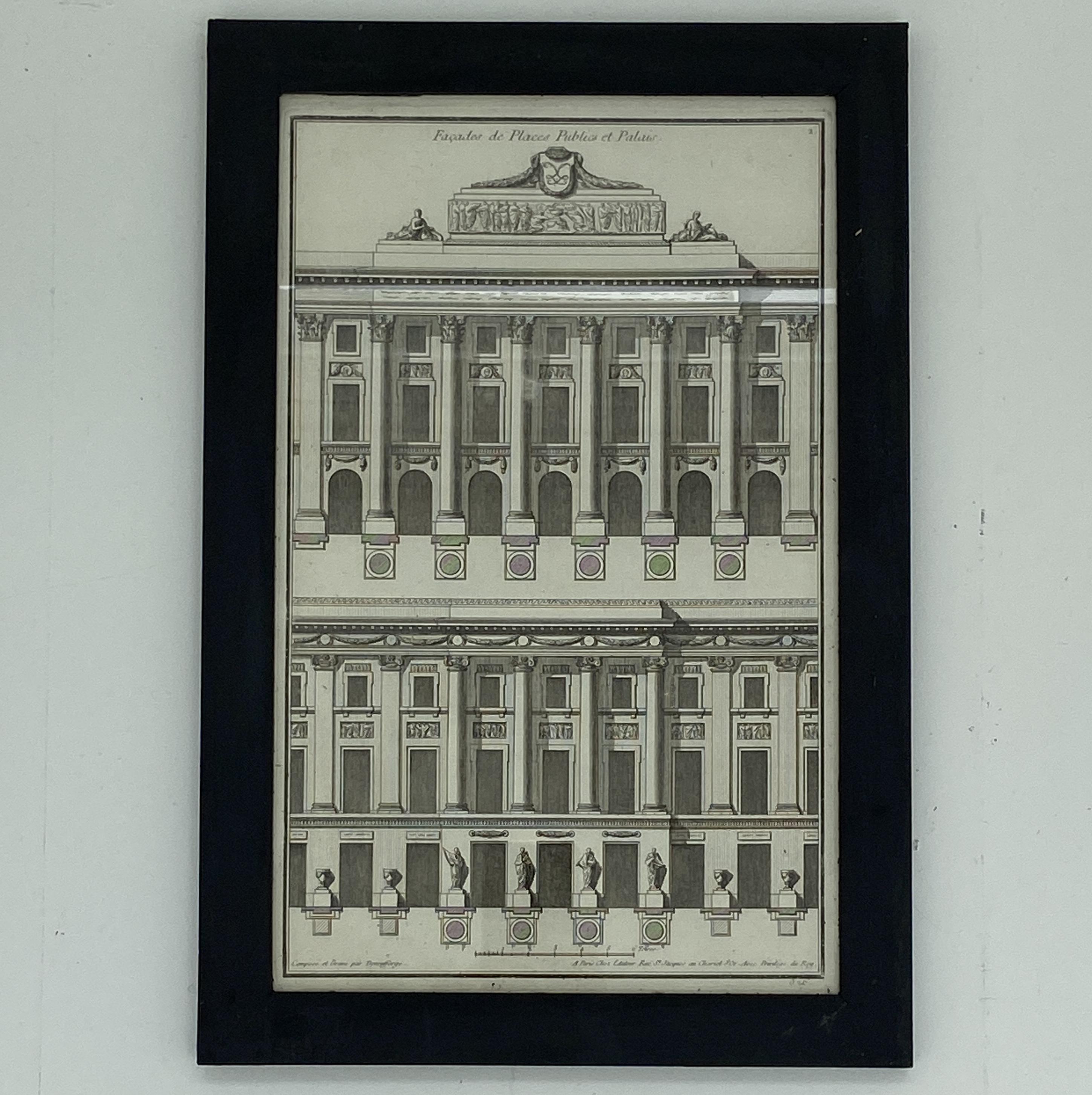 Eighteenth-century set of six original engravings of Neo Classical grand architecture by Jean-François de Neufforge,  (1714 - 1791), Belgian architect and engraver, known for his Recueil Elementaire d'Architecture, a eight folio volumes book of