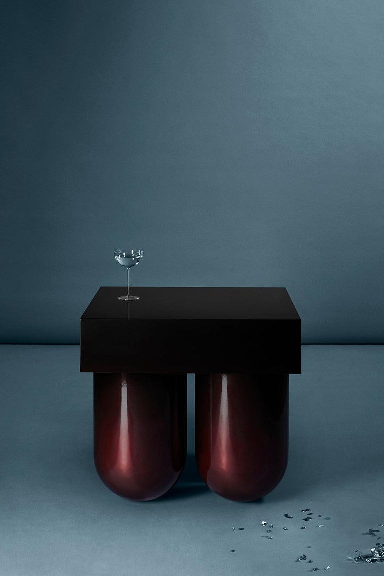 Lacquered Tubular Legged Cocktail or Side Table in Carved Wood and Customizable Lacquer For Sale
