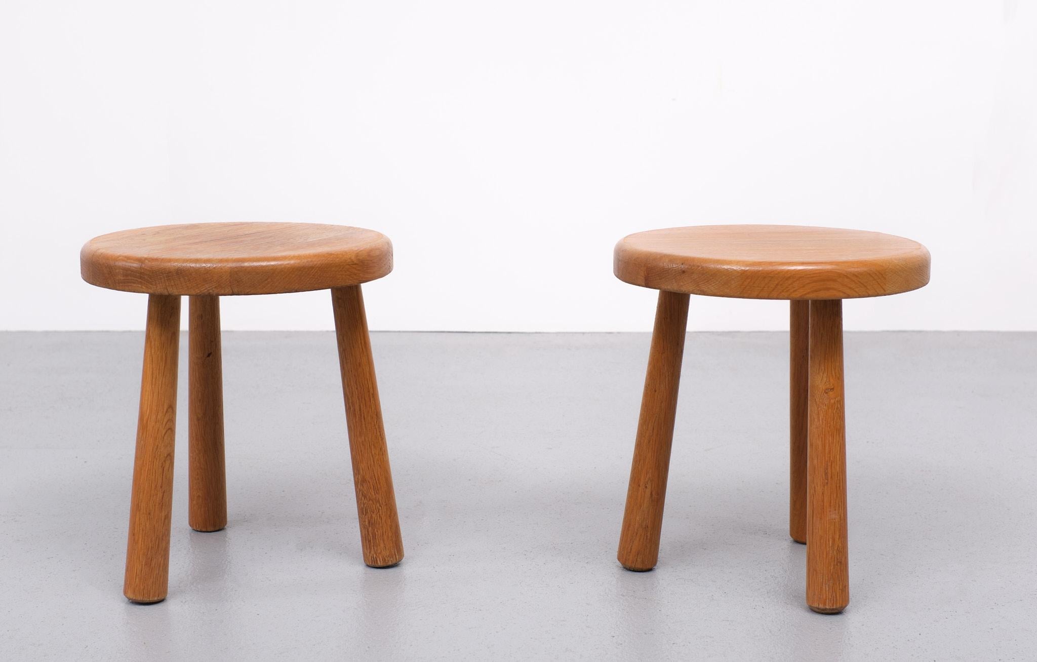 Set of Two solid Oak stools. In the Charlotte Perriant style. 1960s France.