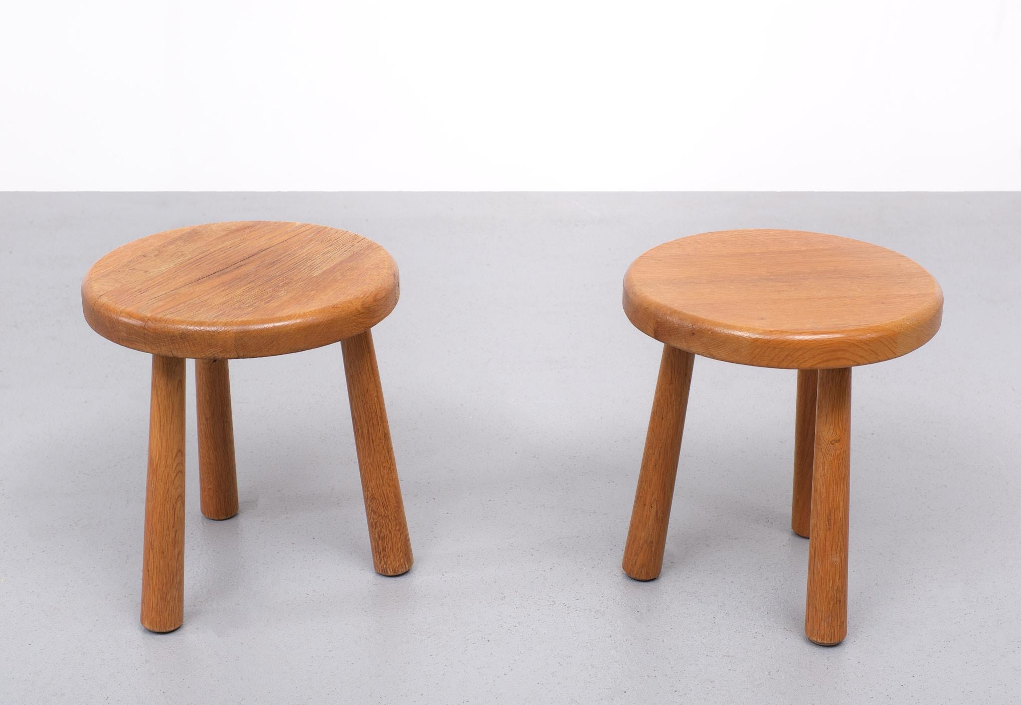 European Set Oak Stools Charlotte Perriand Style 1960s France For Sale