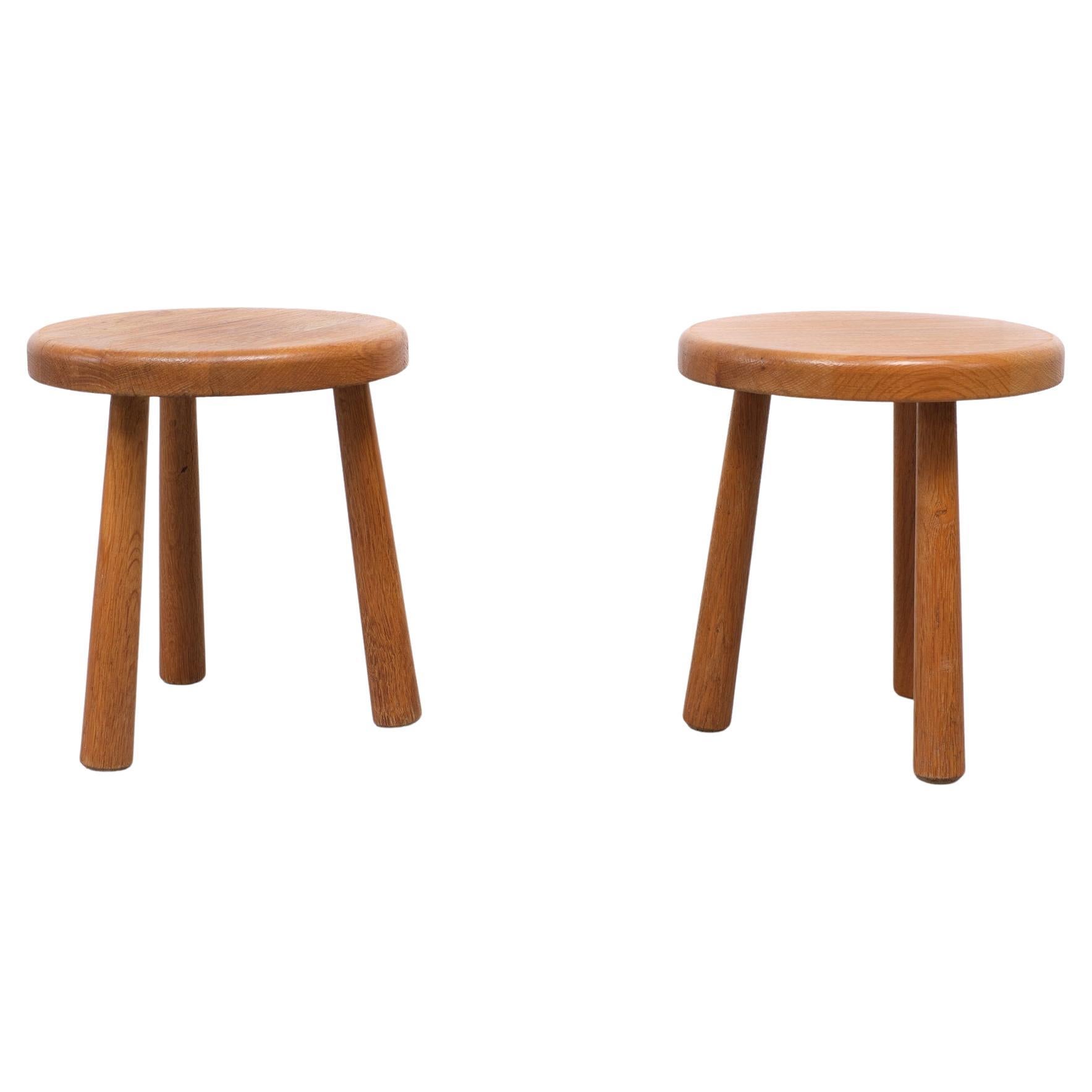 Set Oak Stools Charlotte Perriand Style 1960s France For Sale